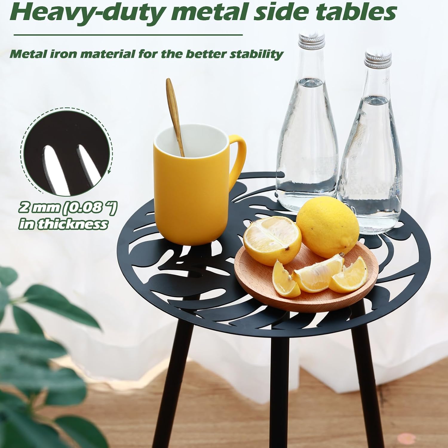 Detalle 2 de Party Zealot PZ4513-1 Metal Side Tables, 2-Pack, Round Black Monstera Design