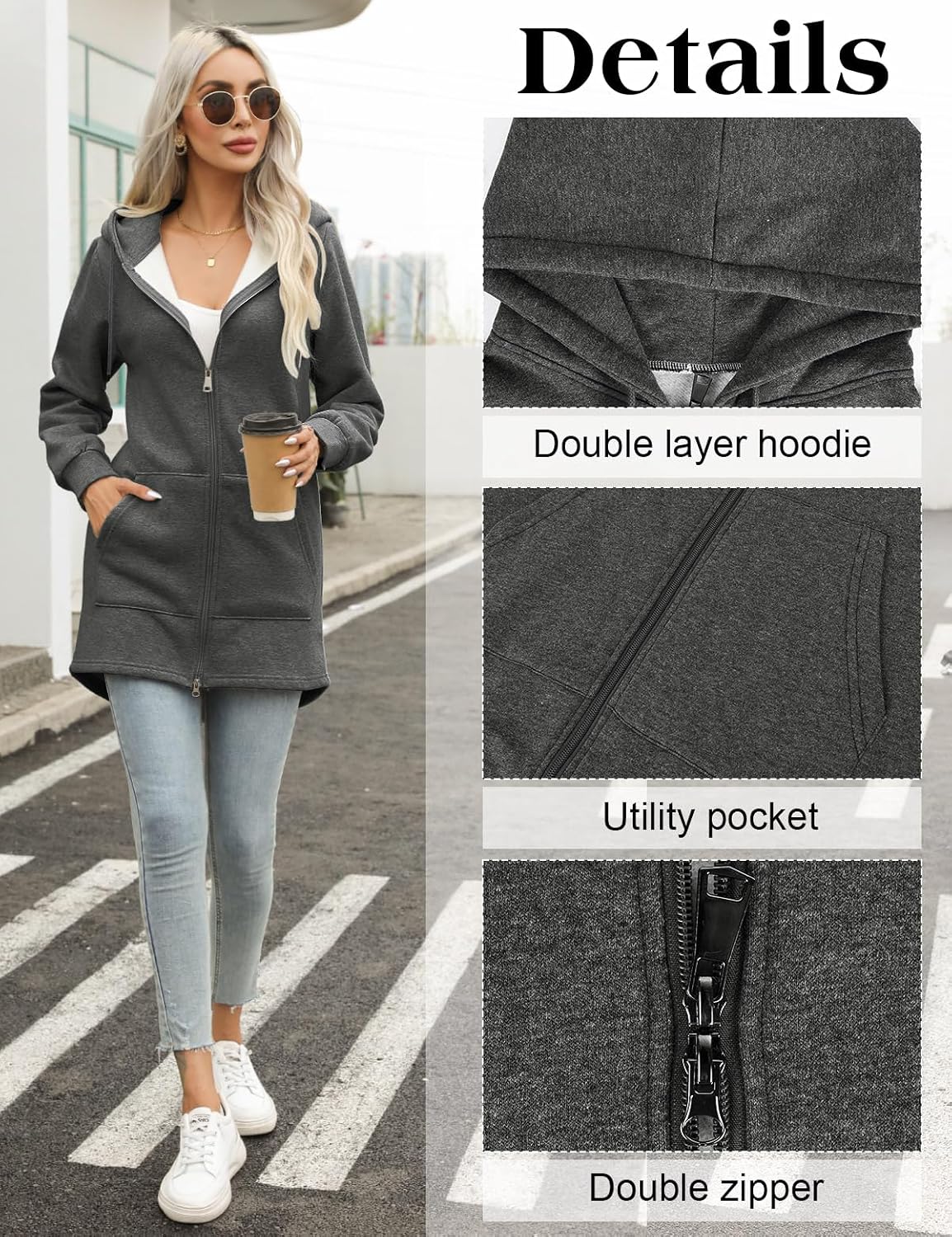 Detalle de Tuopuda Women’s Long Zip-Up Hoodie Fleece Longline Jacket with Pockets