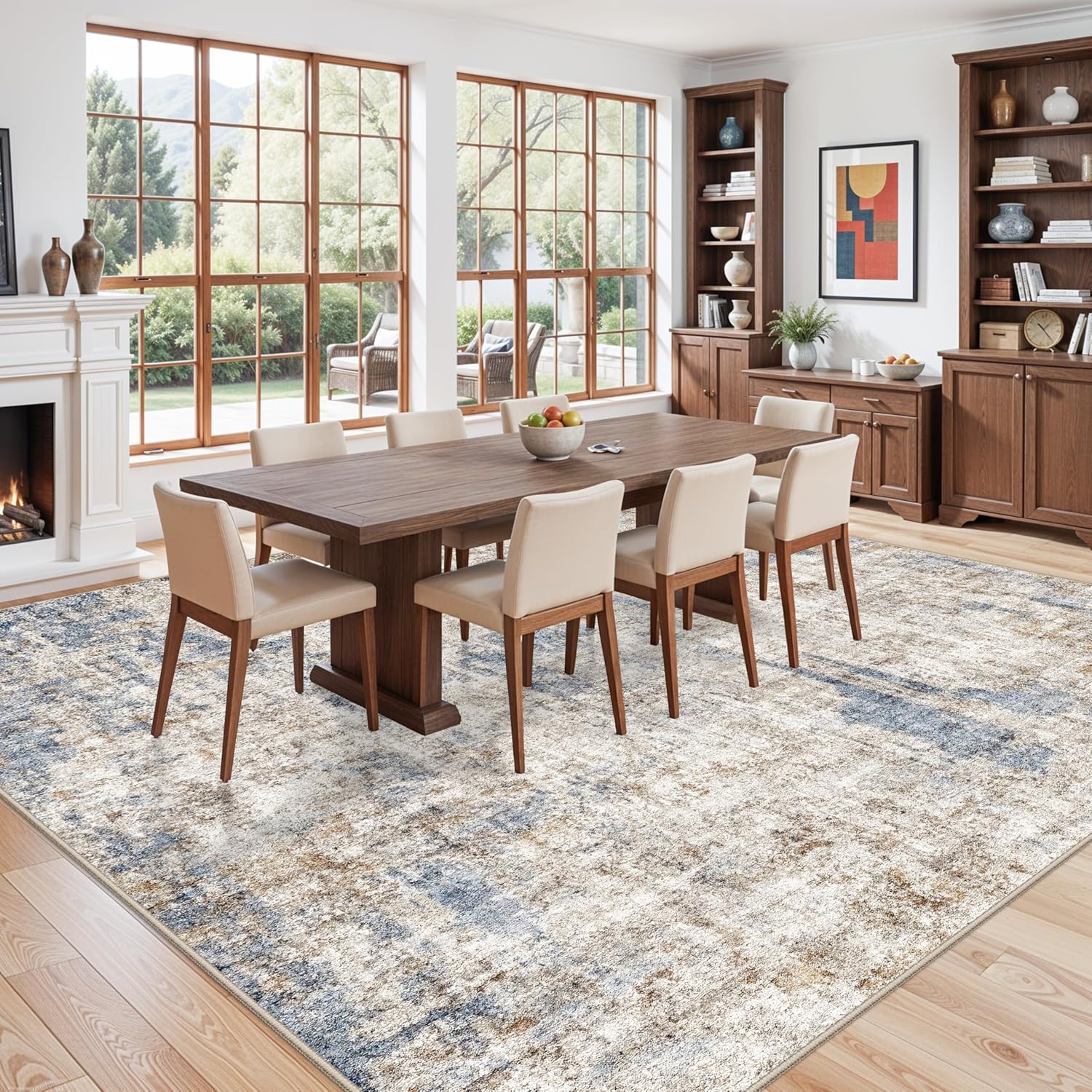 Thumbnail 4 de 12x12ft Square Living Room Rug with Non-Slip Rubber Backing (Blue/Brown) – Washable Low-Pile Indoor Carpet