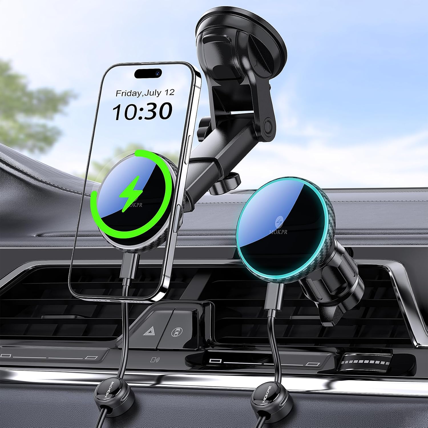Detalle de MOKPR 15W Support Téléphone Voiture Magnétique avec Chargeur MagSafe – Fibre de Carbone