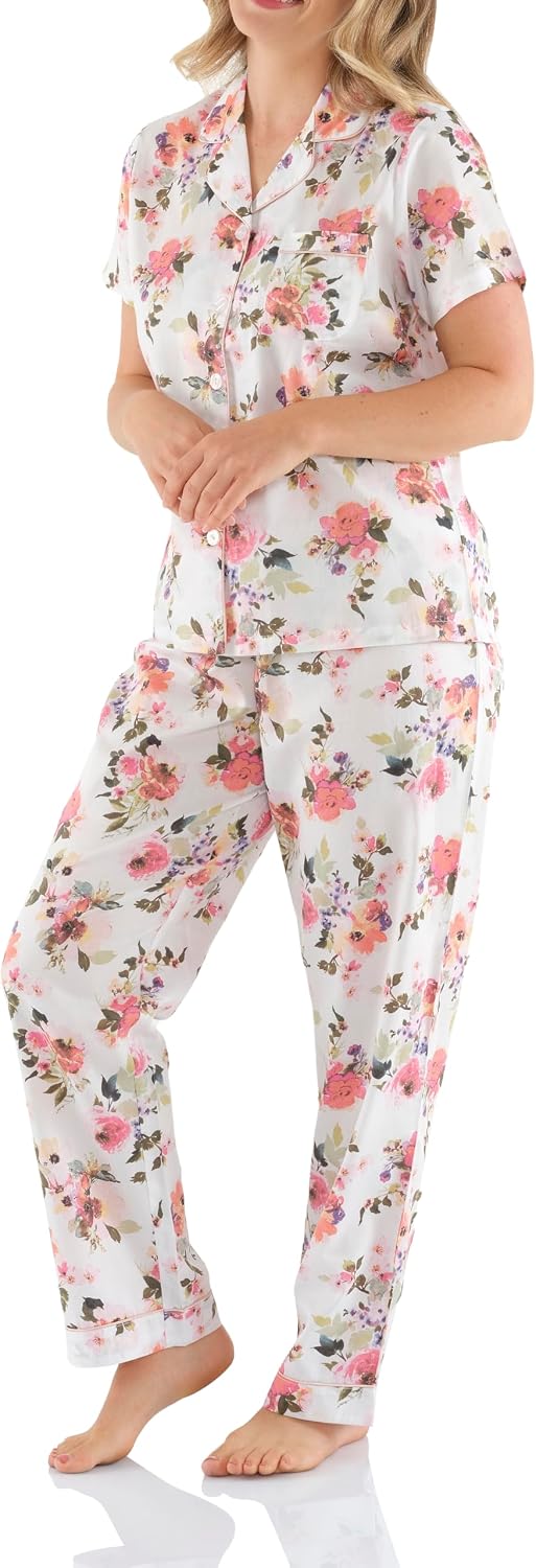 Detalle de Magnolia Lounge Pyjama Damen – Schlafanzug Lang mit Kurzarm-Top & Langer Hose aus 100% Baumwolle-Satin