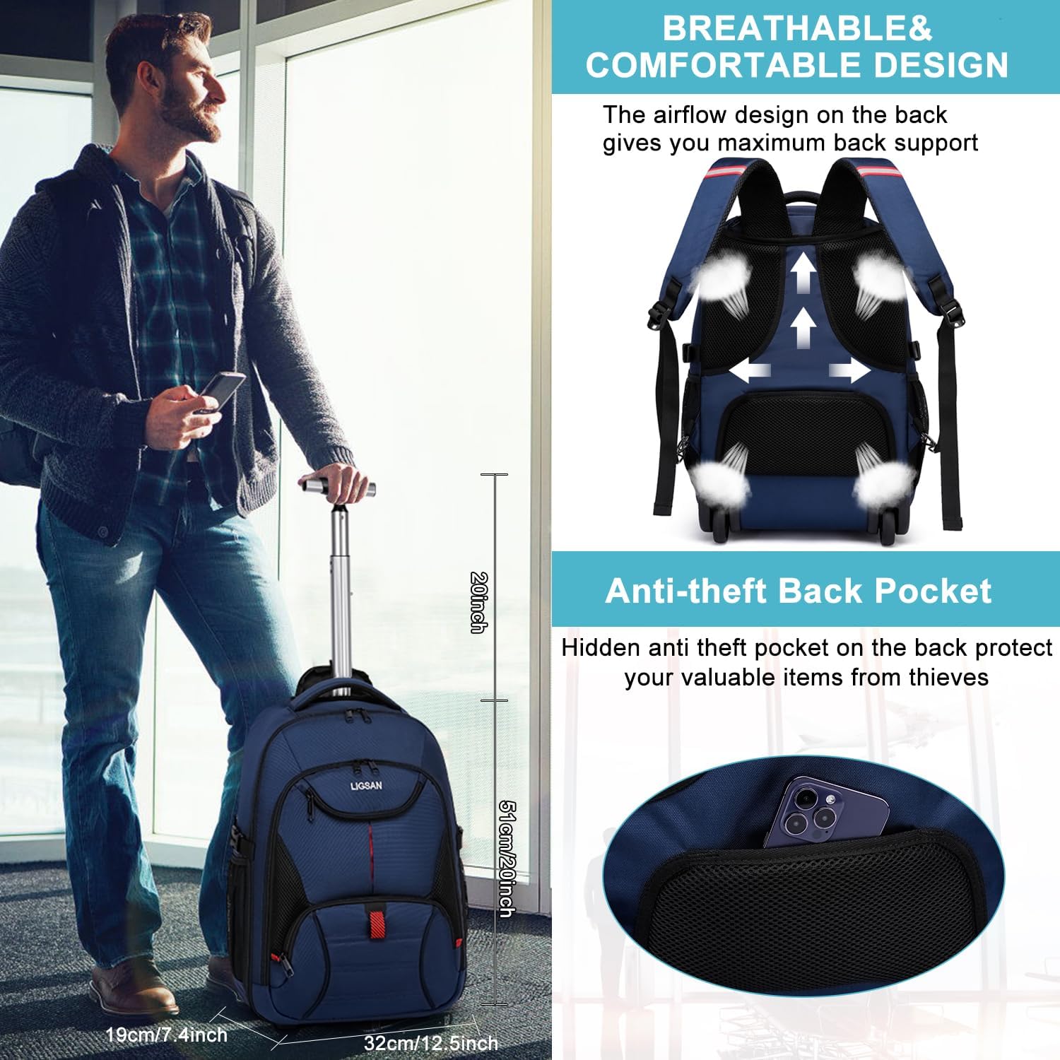 Detalle de Travel Backpack with Wheels for Men and Women — 17.3in Laptop, 45L Capacity