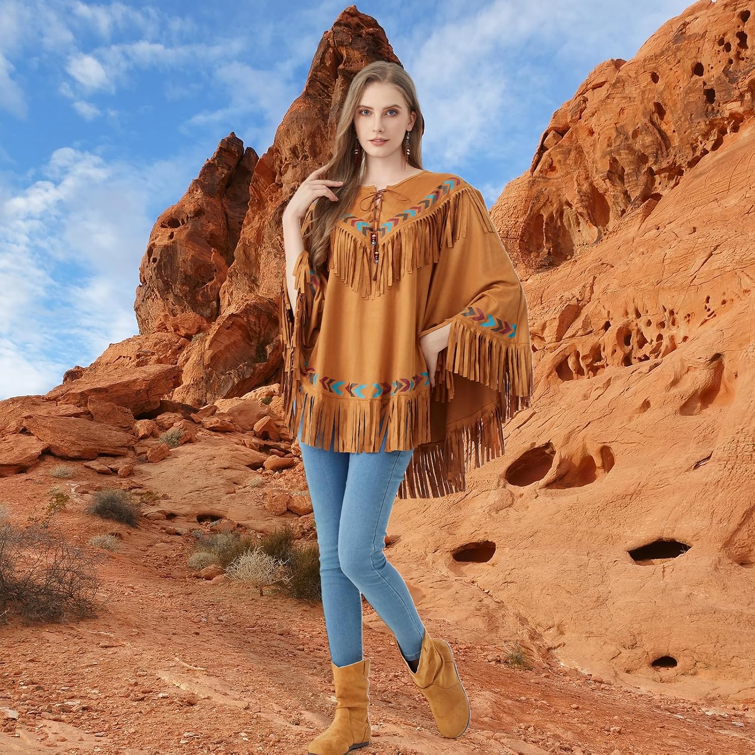 Detalle 2 de aicoaub Poncho indien marron pour femme