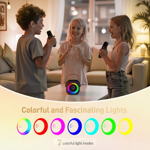 Detalle 2 de BEILIHART Mini Karaoke Machine: Portable Bluetooth Speaker with 2 Wireless Mics, Party Lights