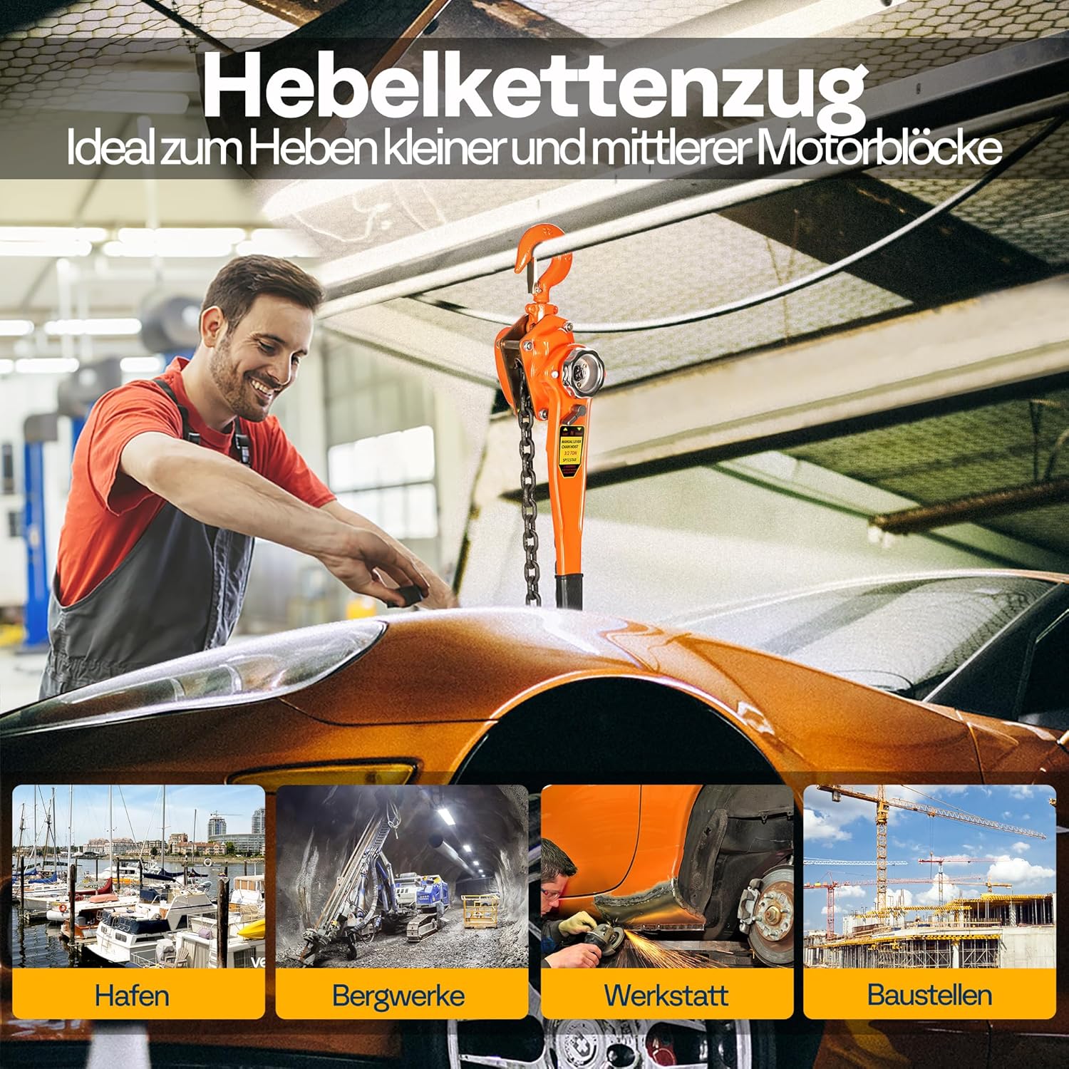 Detalle 2 de SPECSTAR Hebelzug 1500 kg – Manueller Kettenzug mit 360° drehbarem Haken, G80 Kette, 3 m Hubhöhe