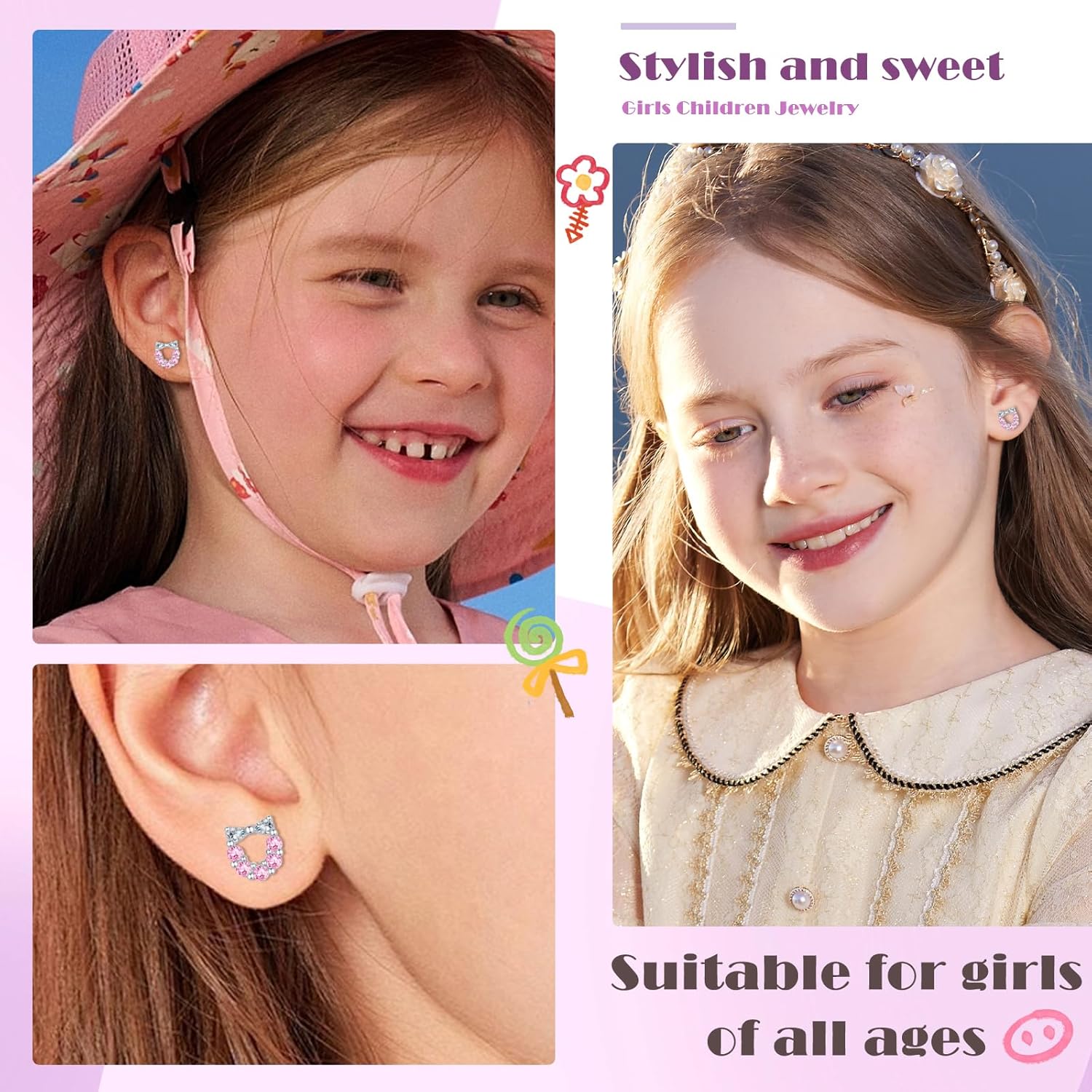 Detalle de Zolkamery Earrings Studs in 925 Sterling Silver – Star Heart Bow Infinity with Pink Zirconia