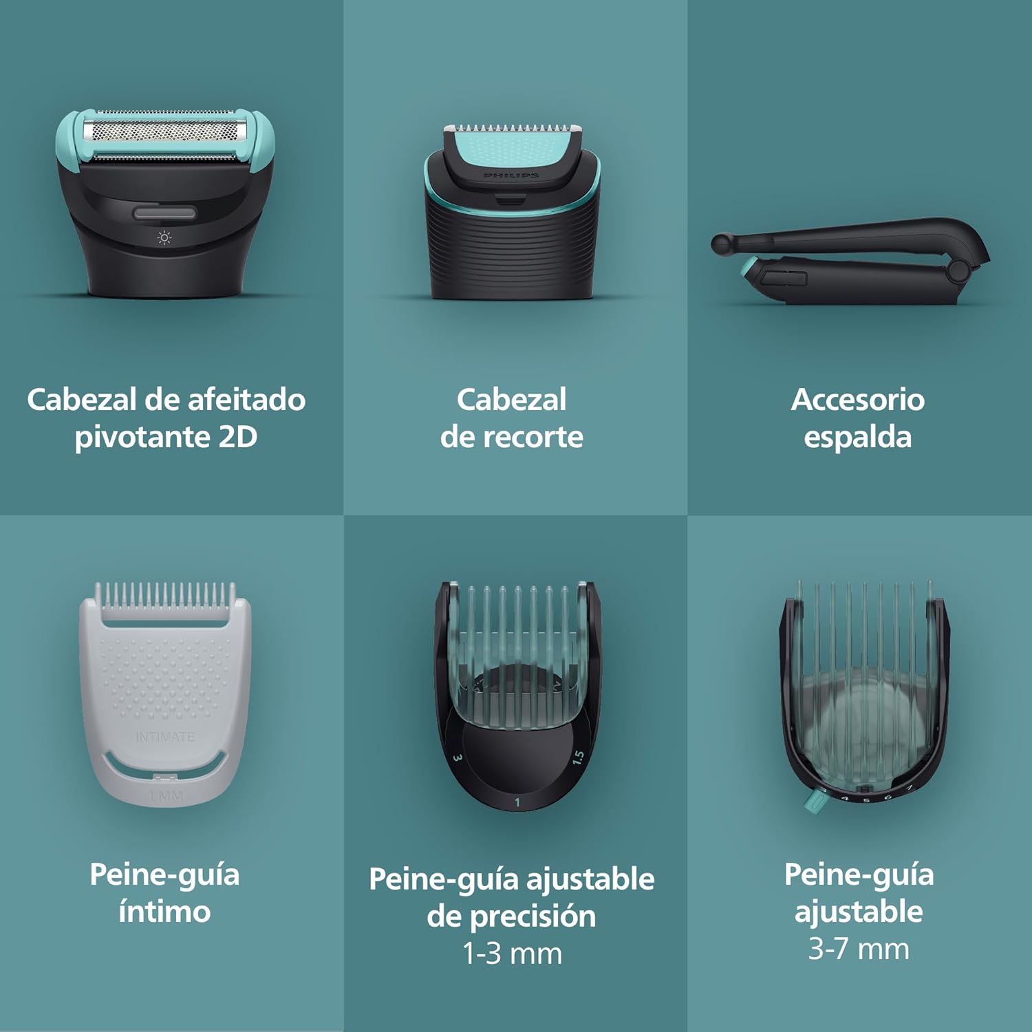 Detalle de Philips Afeitadora Corporal S7000 BG7480/15 para hombre con cabezal pivotante 2D y triple sistema de protección