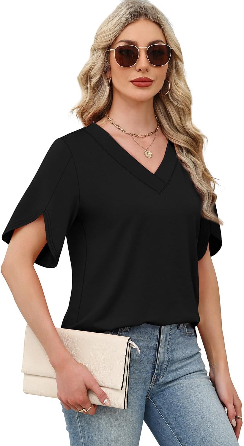 Detalle 2 de WIHOLL Women's Summer Top: Petal Sleeve, V-Neck – Versatile Wardrobe Essential