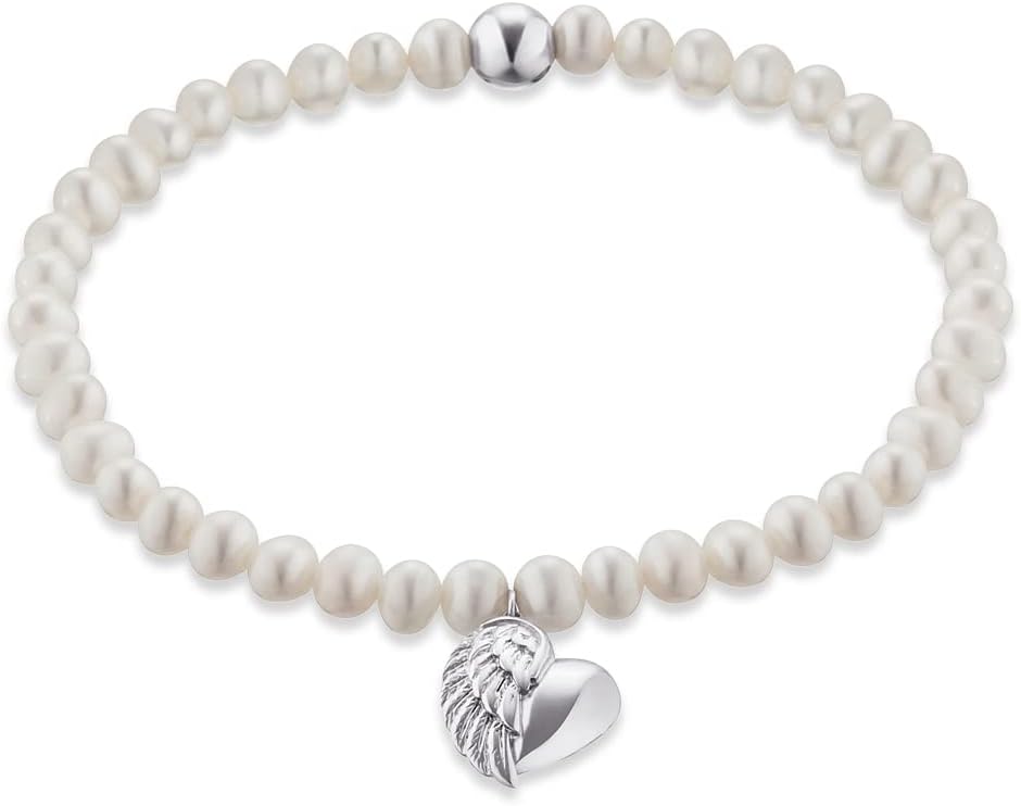 Detalle de Engelsrufer Stretch-Armband für Damen aus 925er Sterling Silber mit Süßwasser-Perlen und Herzflügel-Anhänger, nickelfrei, 17 cm