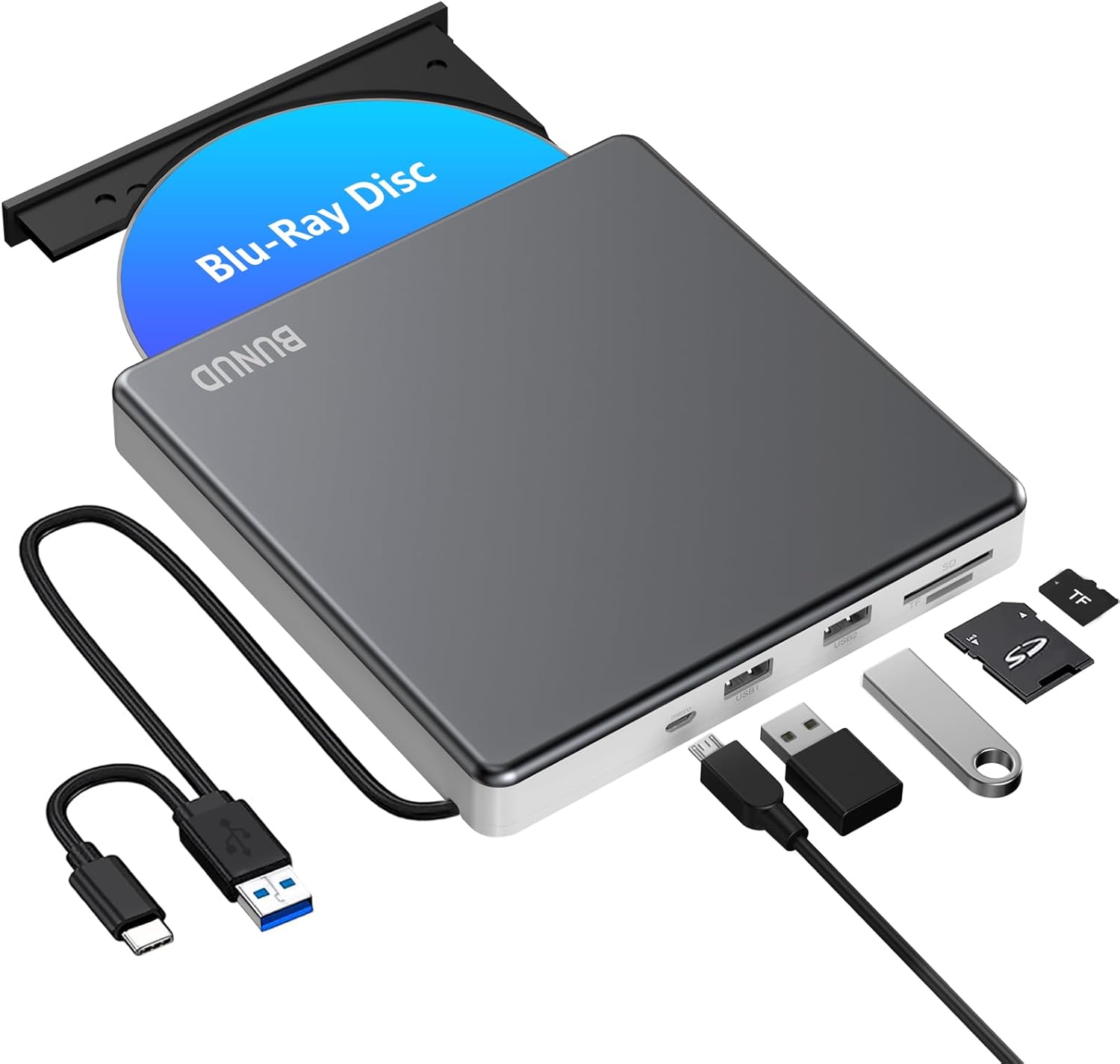 Detalle de External Blu Ray DVD Drive (USB 3.0 & Type-C) with SD/TF, 3D Slim Burner for Windows & Mac
