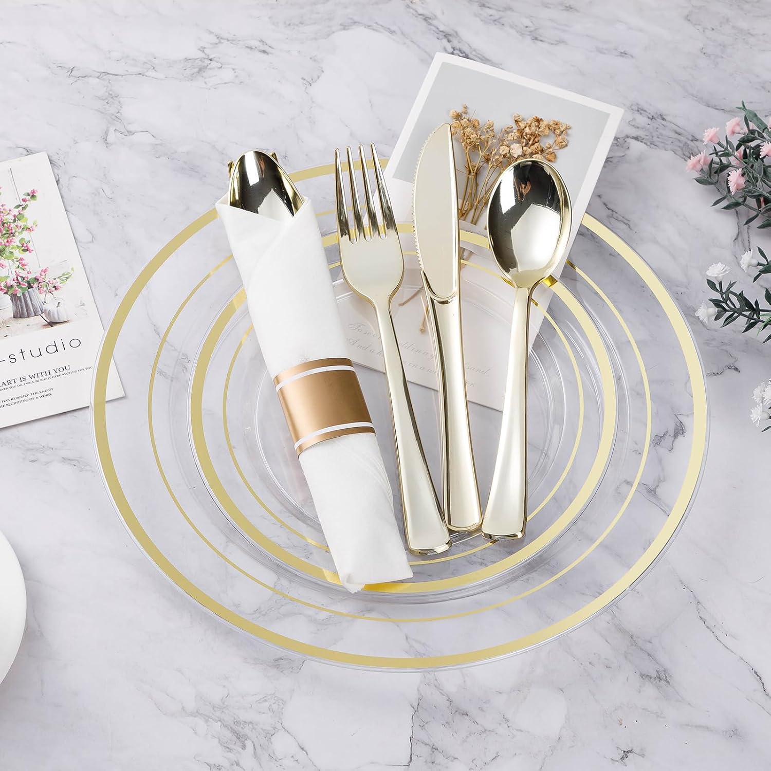 Detalle 2 de BESTVIP TMQJS-350 350-Piece Dinnerware Set for 50 Guests, White and Gold