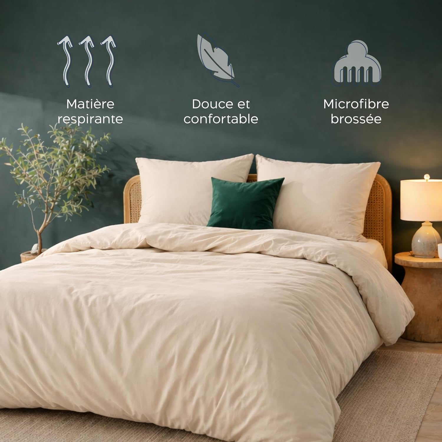 Detalle de Twinzen Parure housse de couette 200x200 beige en microfibre avec 2 taies 65x65 (certifiée Oeko-Tex)