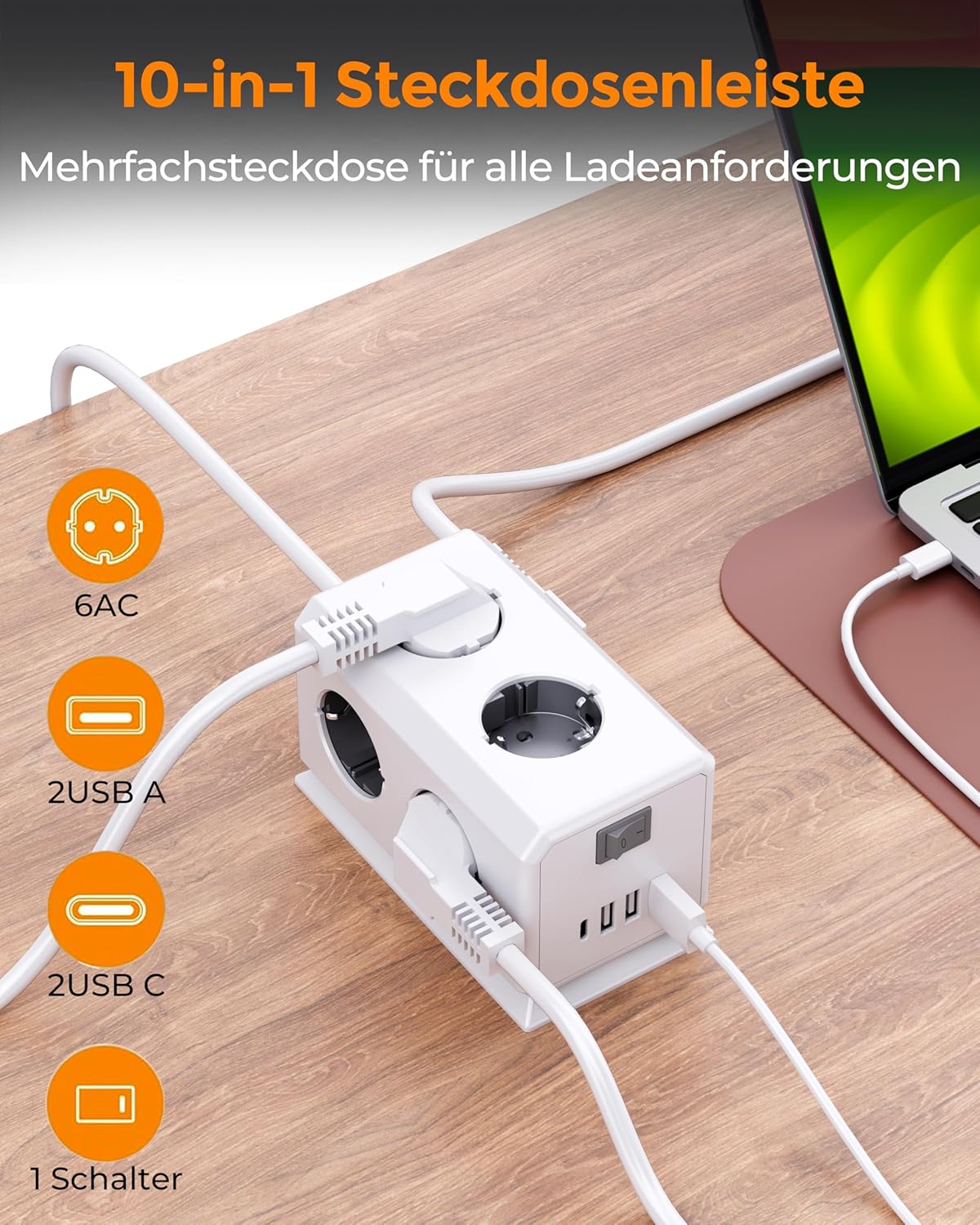 Detalle 2 de Mehrfachsteckdose mit USB – 6-fach, Wandmontage, 3680 W, 1,8 m Kabel, Überspannungsschutz