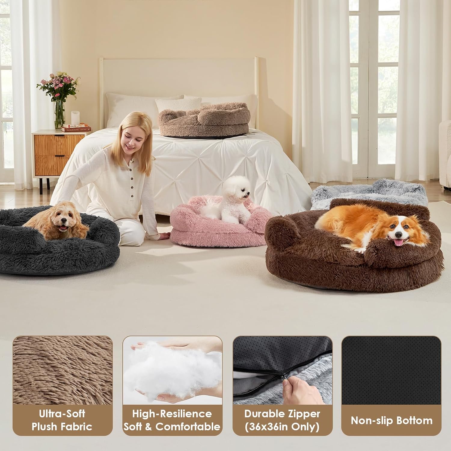 Detalle 1 de EHEYCIGA ECUS26PPT23SA25S Donut Dog Bed, 23 x 23-Inch Faux Fur, Camel