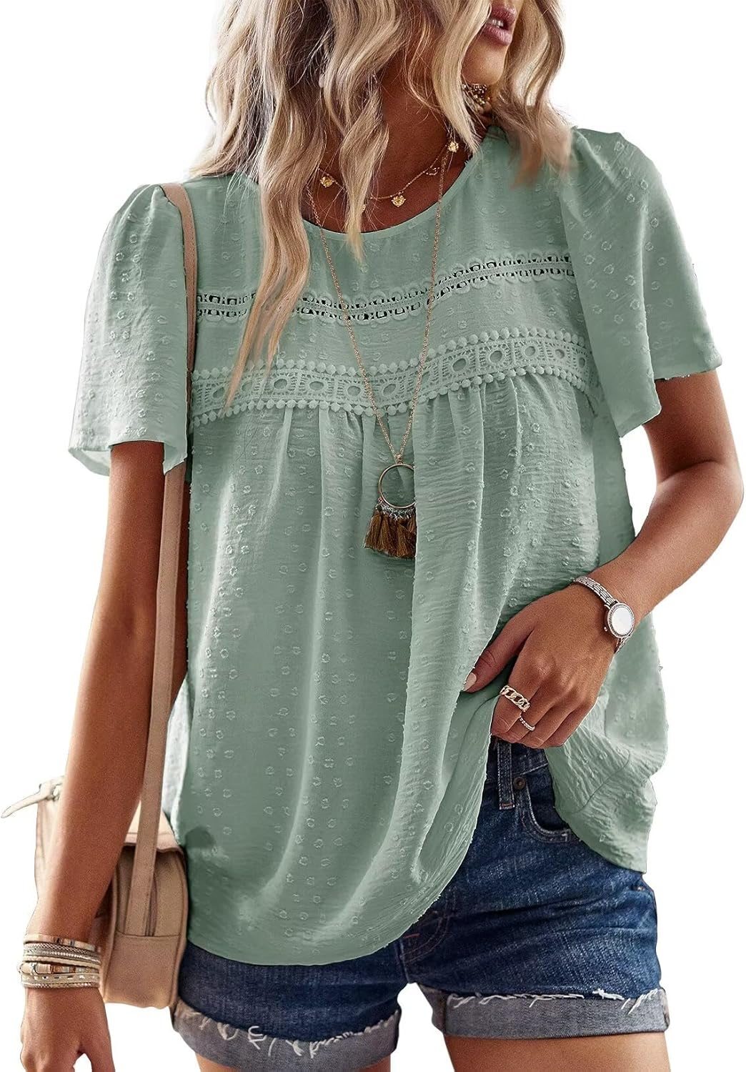Detalle de TUUHAW Top Damen Sommer Boho Bluse – Kurzarm, Rundhals, Lace-Details