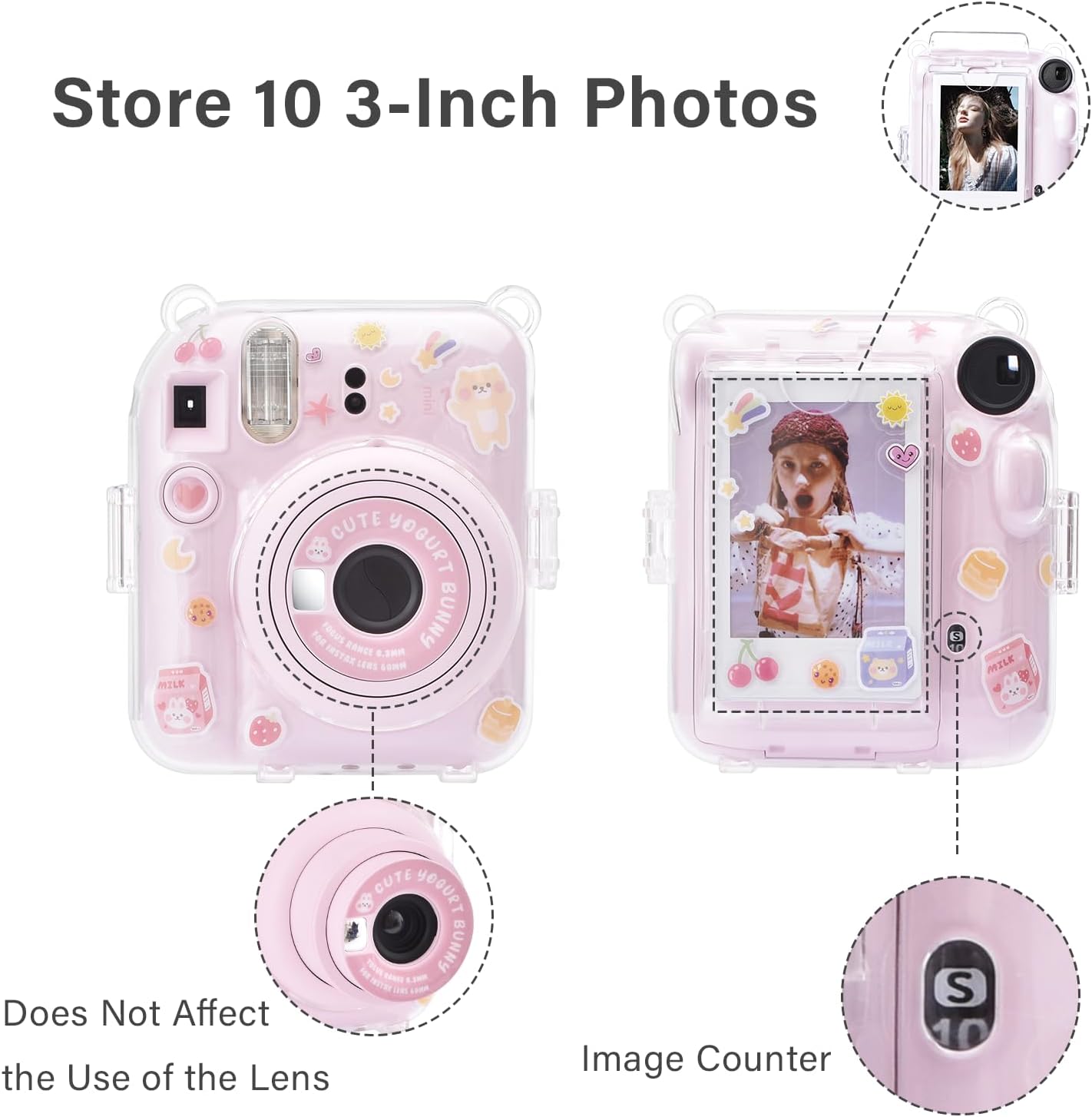 Detalle 2 de Rieibi Clear Case for Fuji Instax Mini 12 (Pink) with Carrying Case, Strap & Sticker