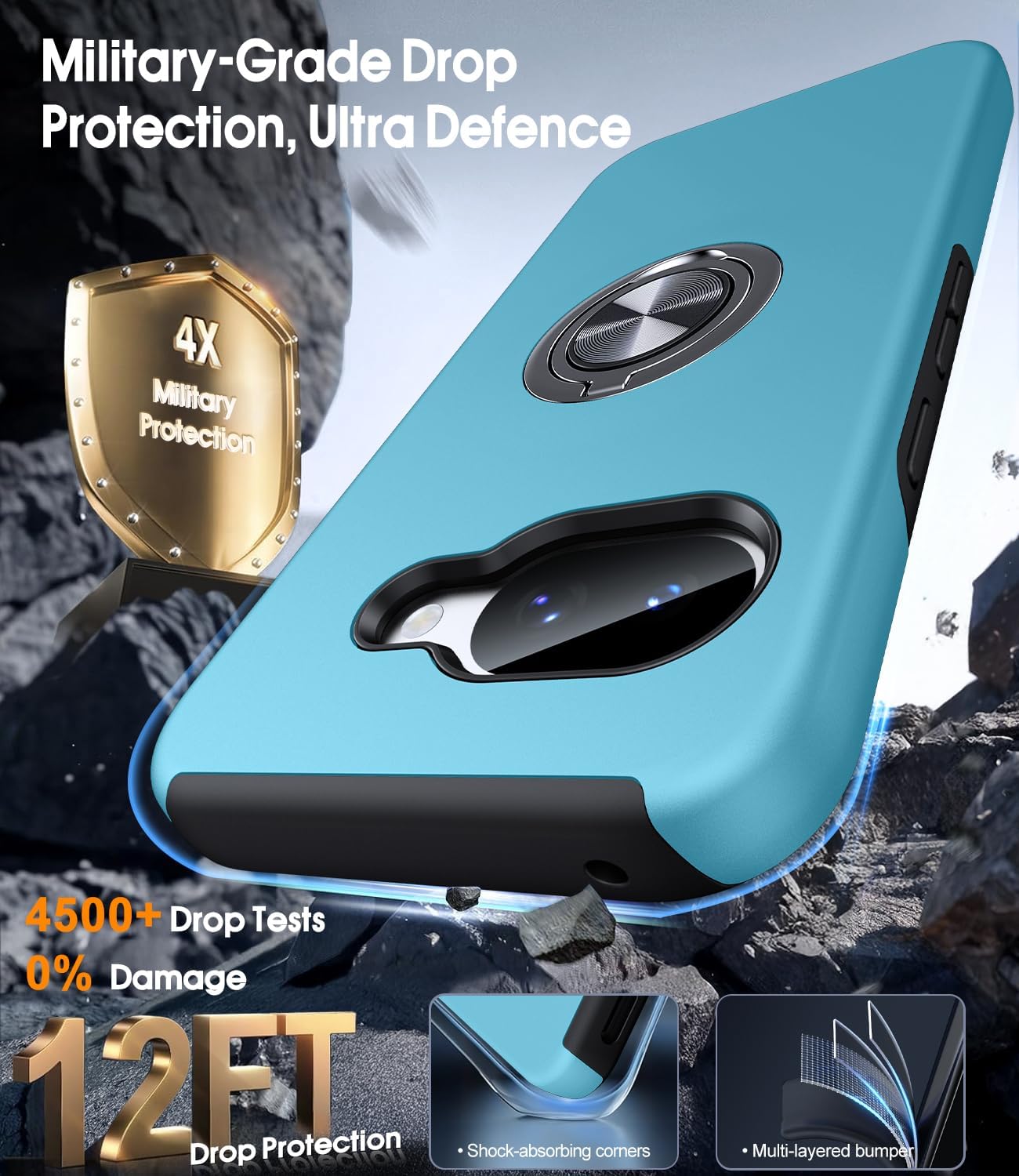 Detalle de AOUIA for Google Pixel 10A Case with 2-Pack Screen Protector and 360° Metal Ring Stand (Sky Blue)