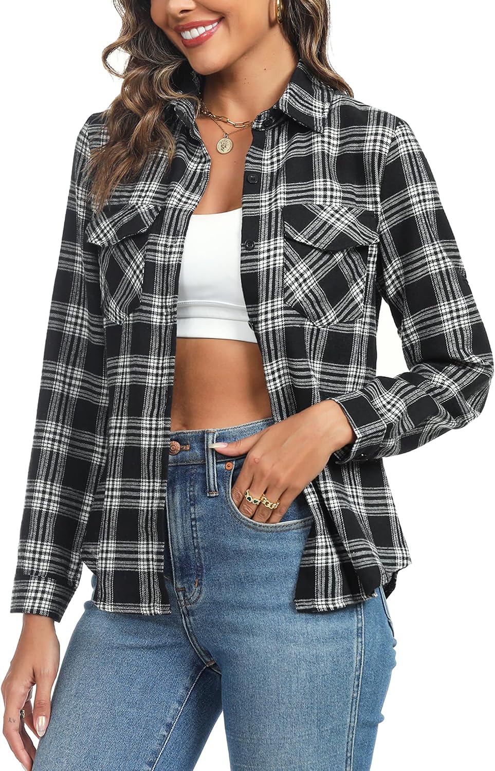 Thumbnail 4 de Irevial Blouse chic à carreaux à manches longues (80 % coton) style boyfriend