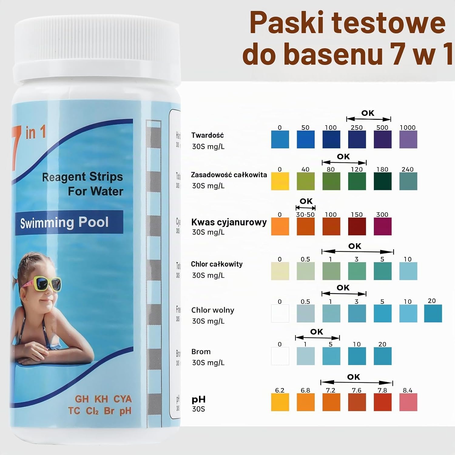 Detalle de Aideepen 7 en 1 – paski testowe do basenu i spa, 100 sztuk, 7 parametrów