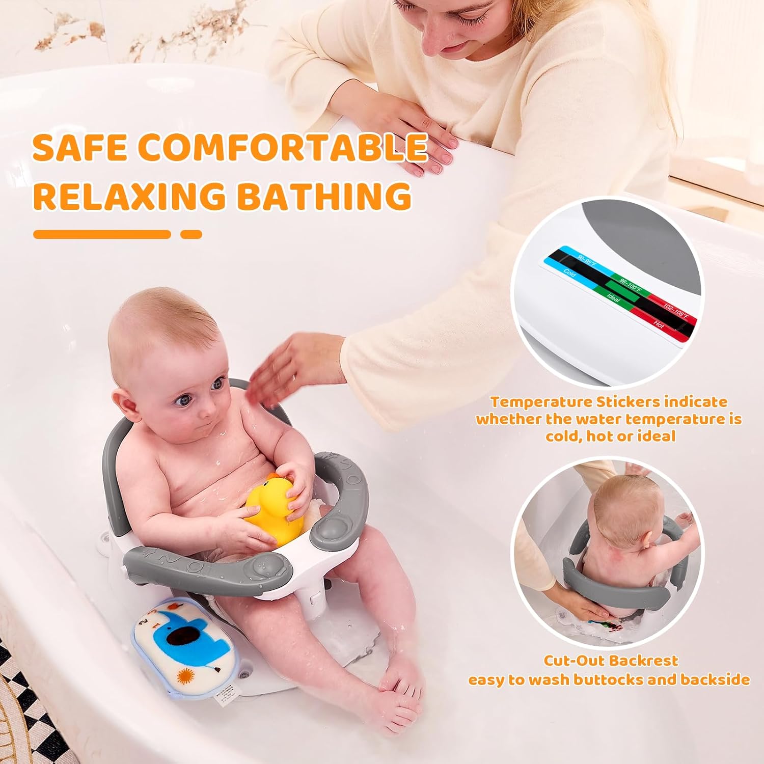 Thumbnail 1 de MAIKKB Baby Bath Seat 6 Months Plus with Temperature Alert & Suction Cups (Grey)