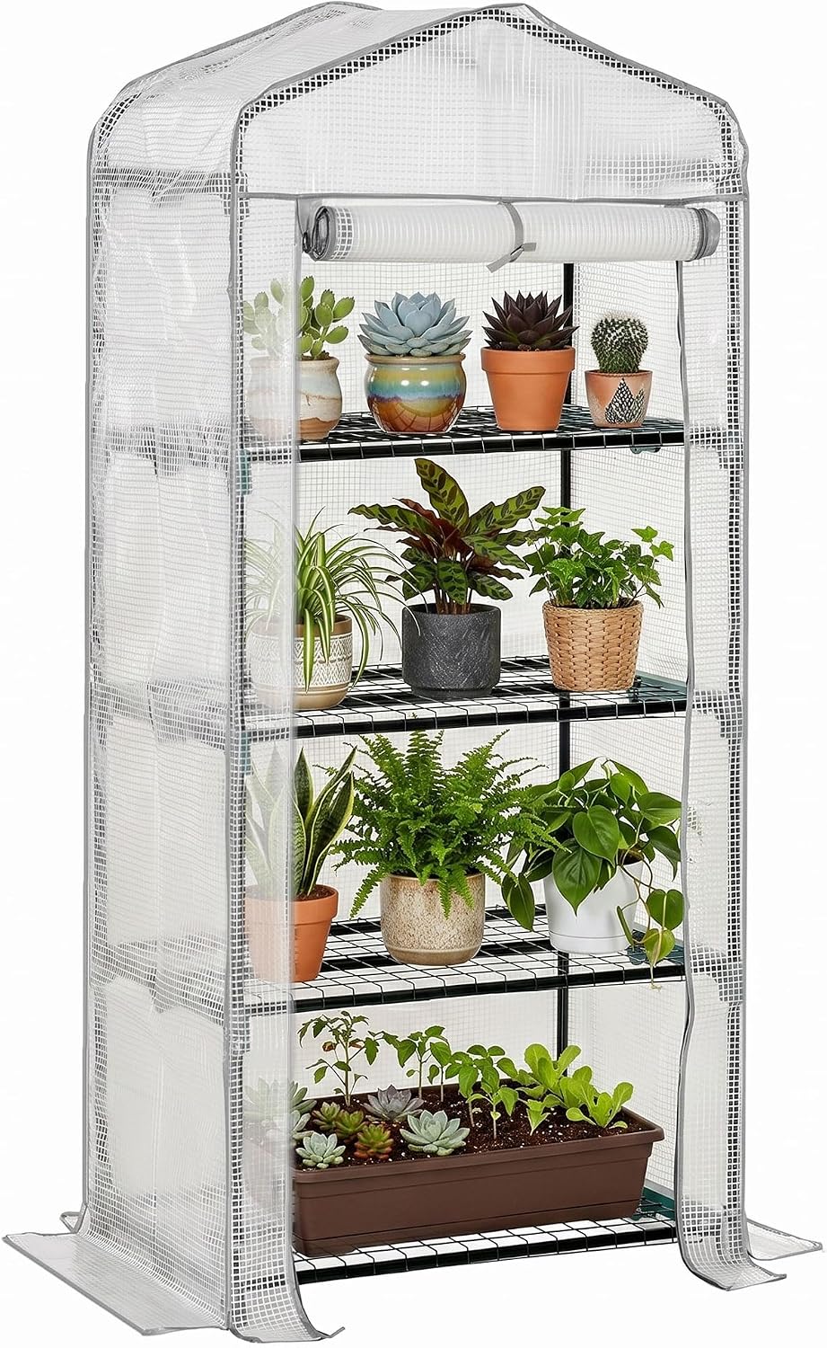 Detalle de Outsunny 845-228V01WT tuinkas met 4 niveaus, PE-zeil en stalen frame
