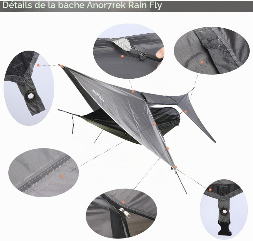 Detalle de AnorTrek Camping Hamac avec moustiquaire et bâche de pluie – Double, nylon 210T, avec sangles et tarp imperméable