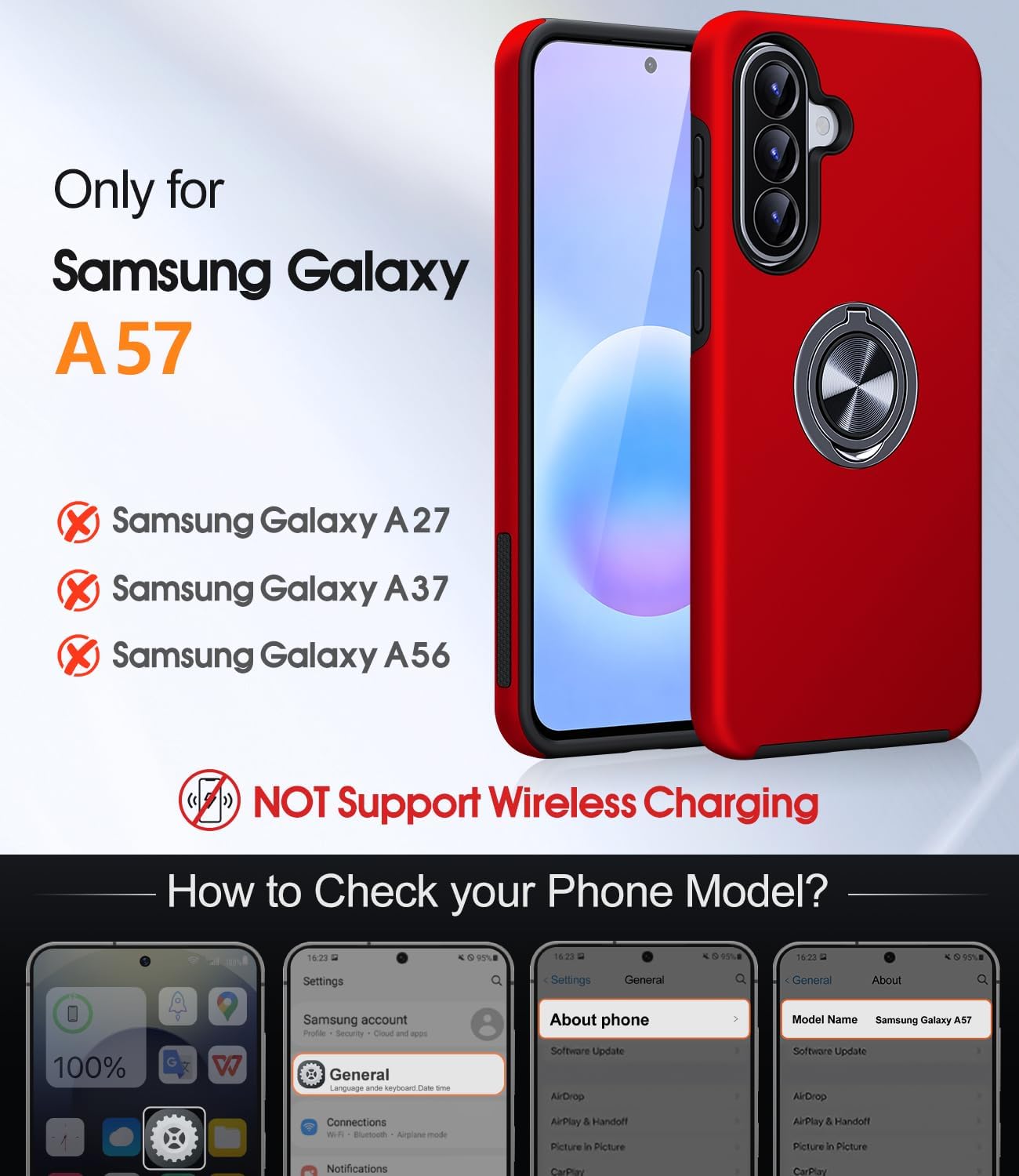 Detalle de AOUIA Galaxy A57 5G case with 2-pack screen protectors and 360° rotating ring kickstand (Red)