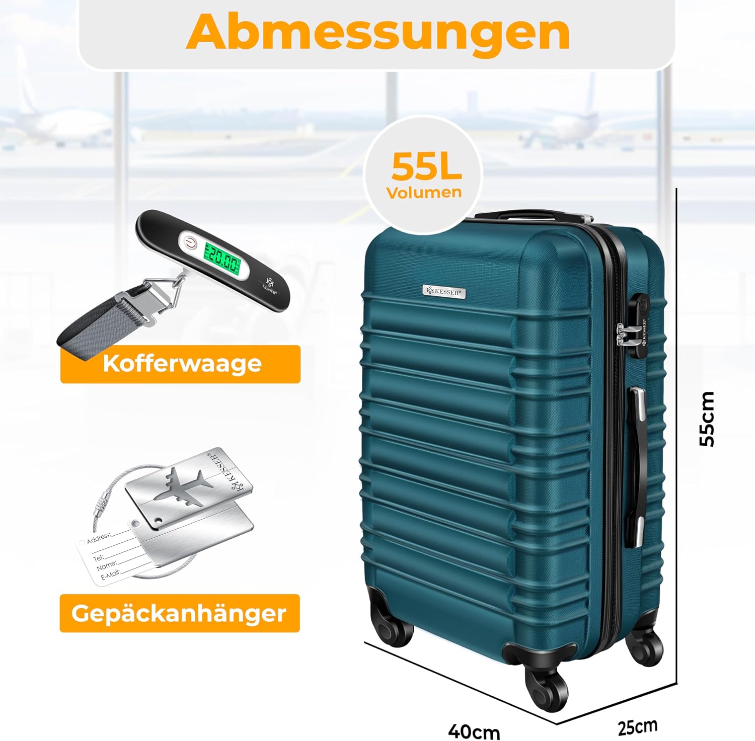 Detalle 2 de KESSER Handgepäck Reisekoffer 55L Hartschalen-Koffer mit Kofferwaage, Gepäckanhänger und 4 Rollen – Petrolgrün