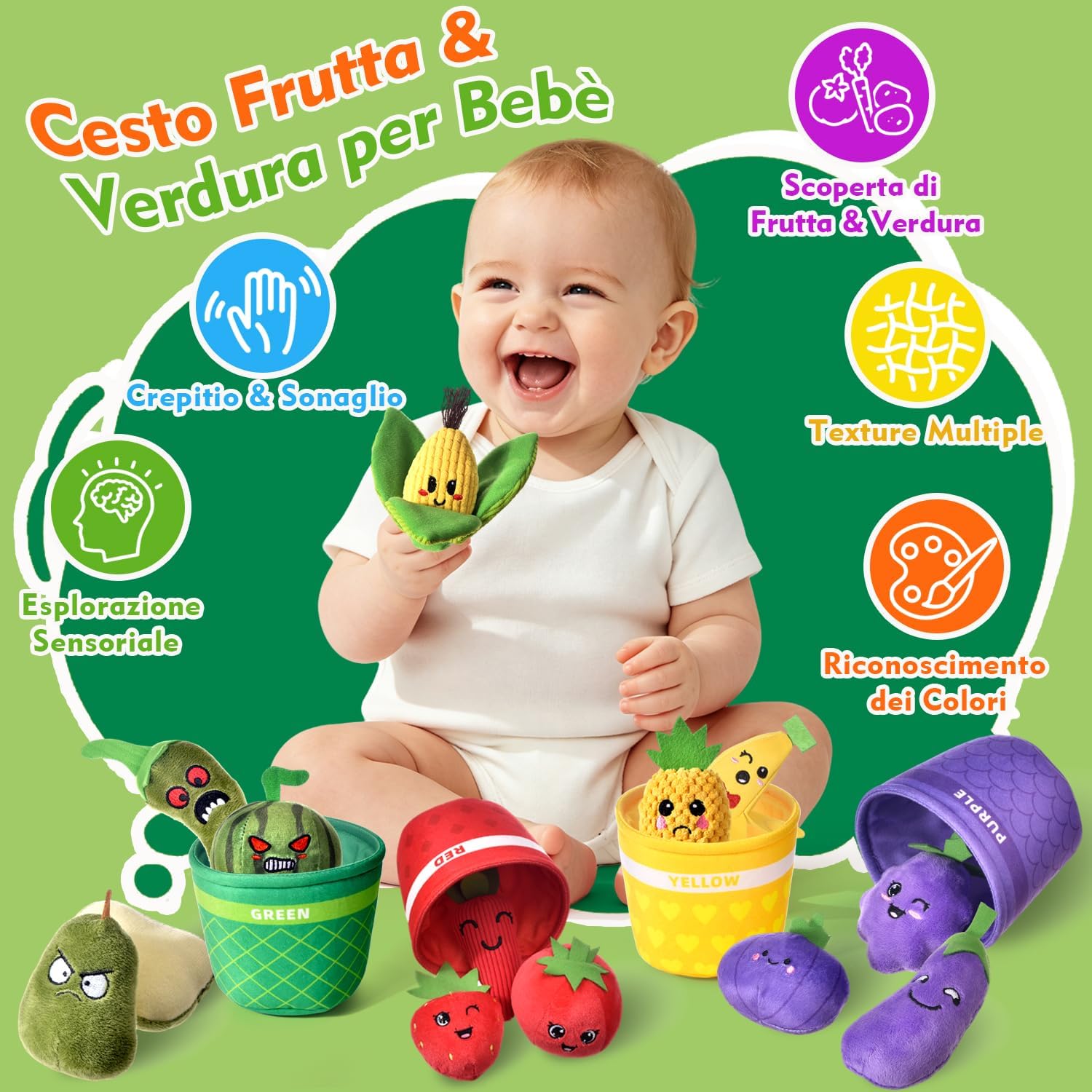 Thumbnail 1 de Tokiyis Giochi Montessori 6-12 Mesi – 16 PCS Frutta Verdura Peluche con Sonaglio e Cestino
