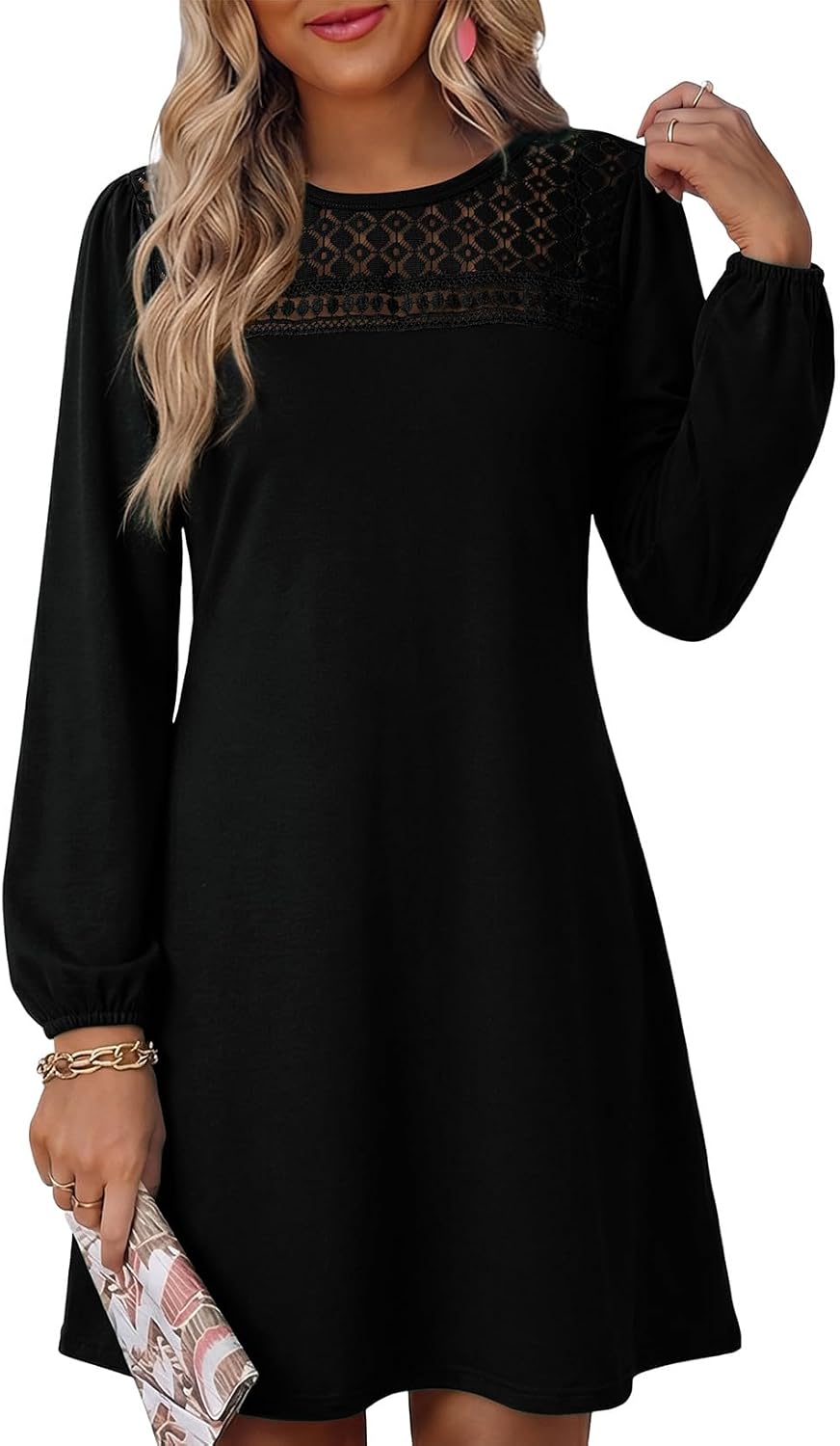 Detalle de Dokotoo Long Sleeve A-Line Mini Dress with Crew Neck and Side Pockets
