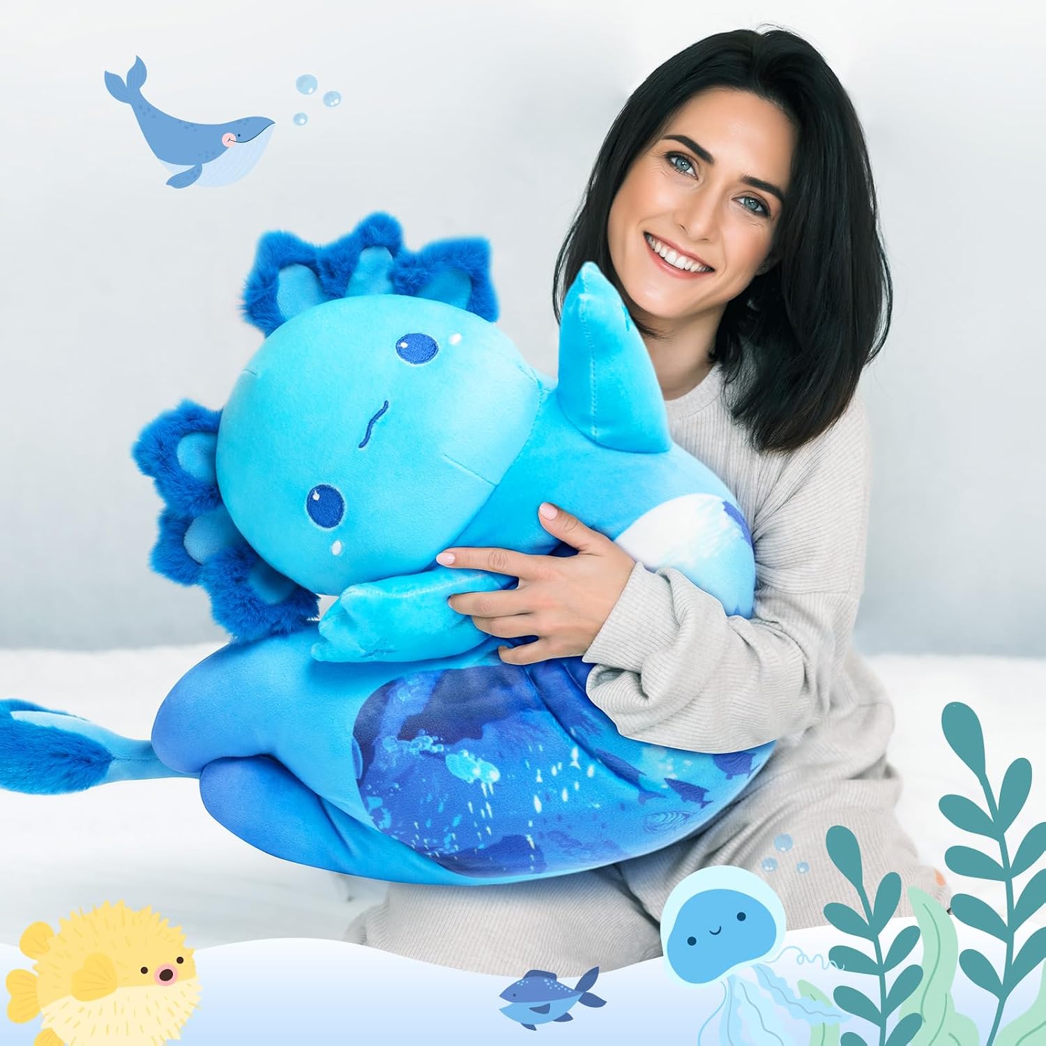 Detalle de Mewaii Long Body Plush Cute Blue Axolotl 20 Inch – soft cuddly long-body pillow doll for kids and adults