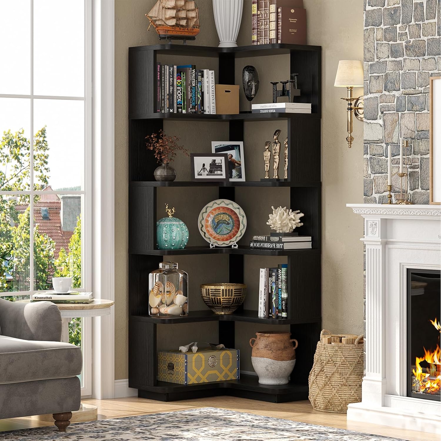 Detalle de Armocity Corner Book Shelf - 6 Tier Corner Bookshelf with Baffle, Freestanding L-Shape Display Shelf for Home & Office