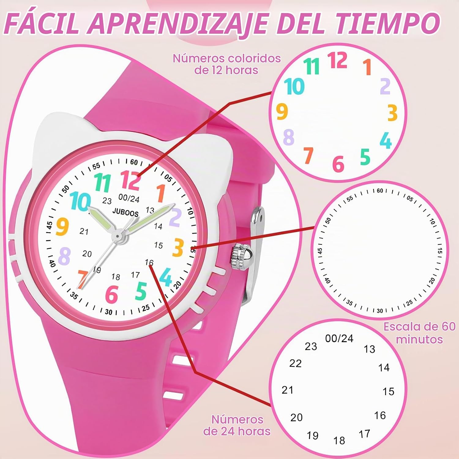 Detalle de Juboos Reloj Analógico para Niños 4–12 años – Aprender la Hora con diseño Rosa Magenta