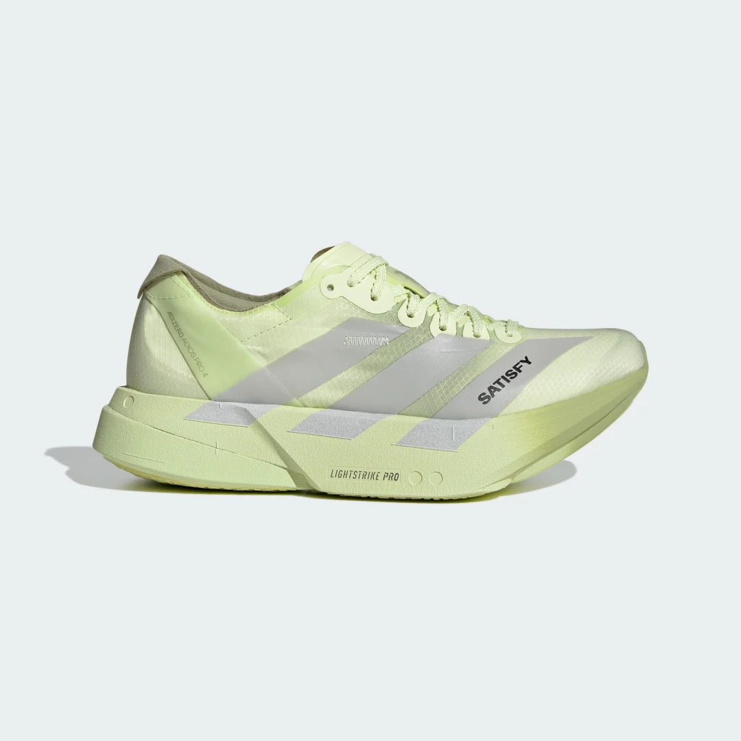Detalle de ADIZERO ADIOS PRO 4 SATISFY Shoes de Adidas — zancada verde para afrontar la pista