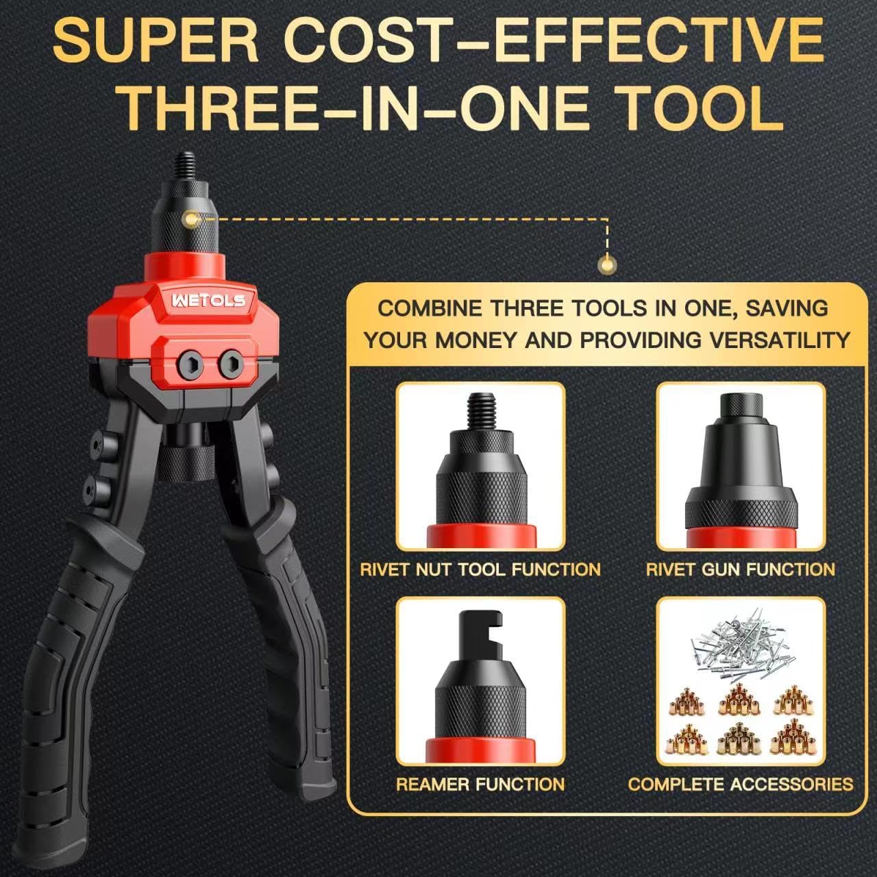 Detalle 2 de WETOLS WE-890 3-in-1 Rivet Gun, Rivet Nut Tool and Reamer Kit