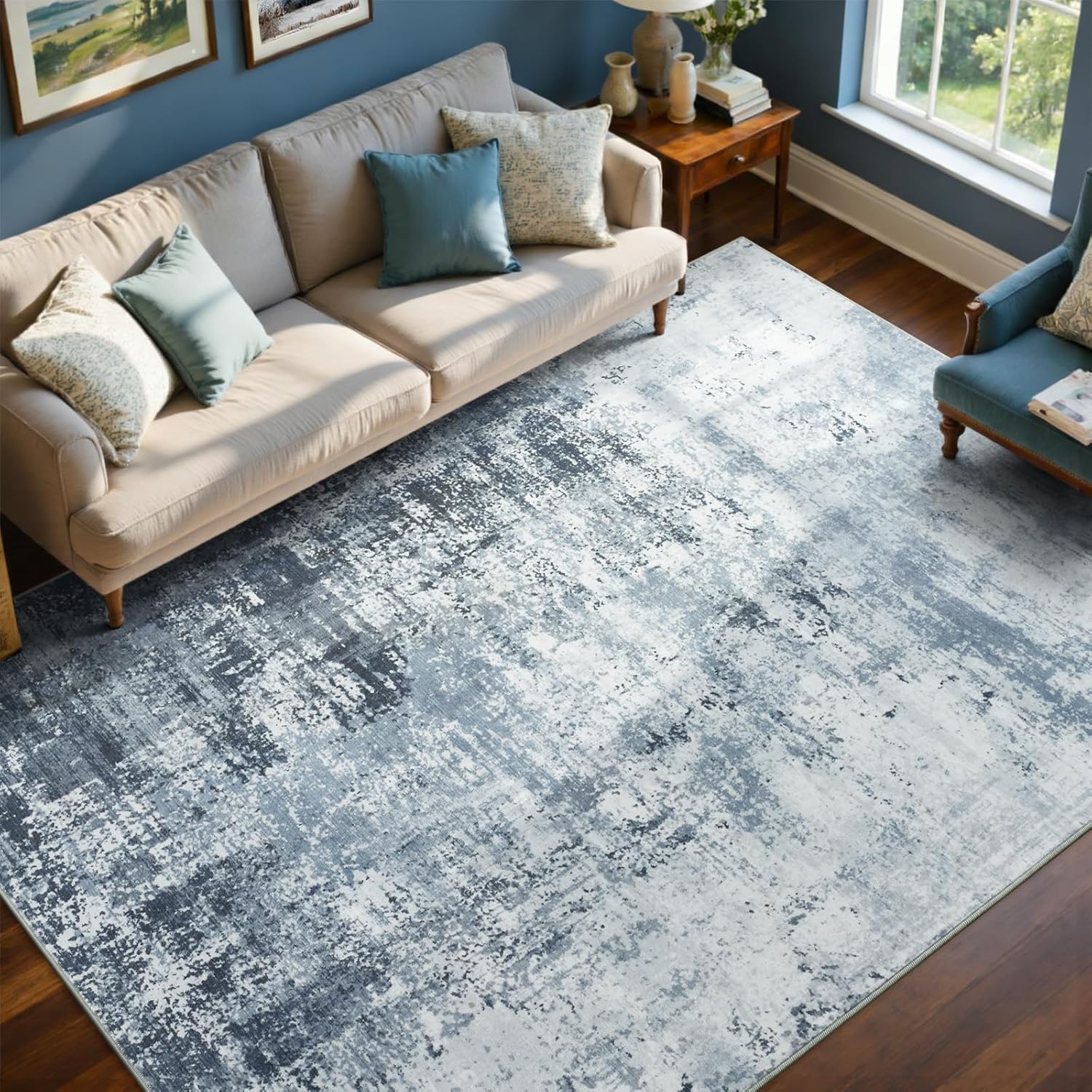 Detalle de 6x9 Ft Blue Abstract Area Rug — Non-Slip, Washable, Soft Low-Pile for Living Room