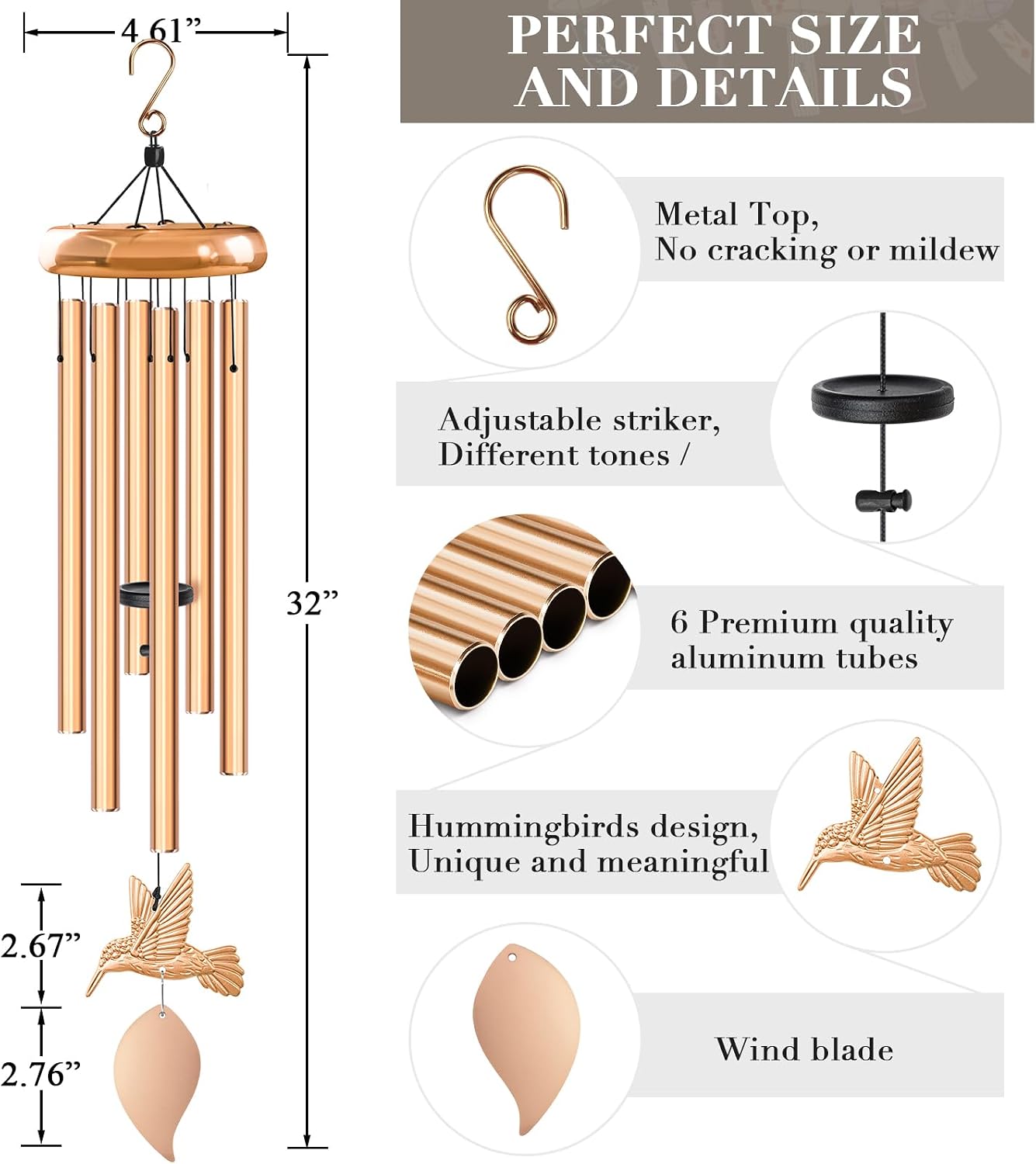 Detalle 1 de Synhonty 01 Hummingbird Memorial Wind Chimes, Anodized Aluminum