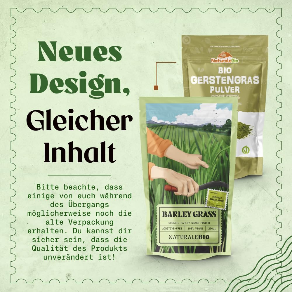 Detalle de NaturaleBio Gerstengras Pulver 200 g – Bio für Gerstengrassaft, Smoothies & Joghurt