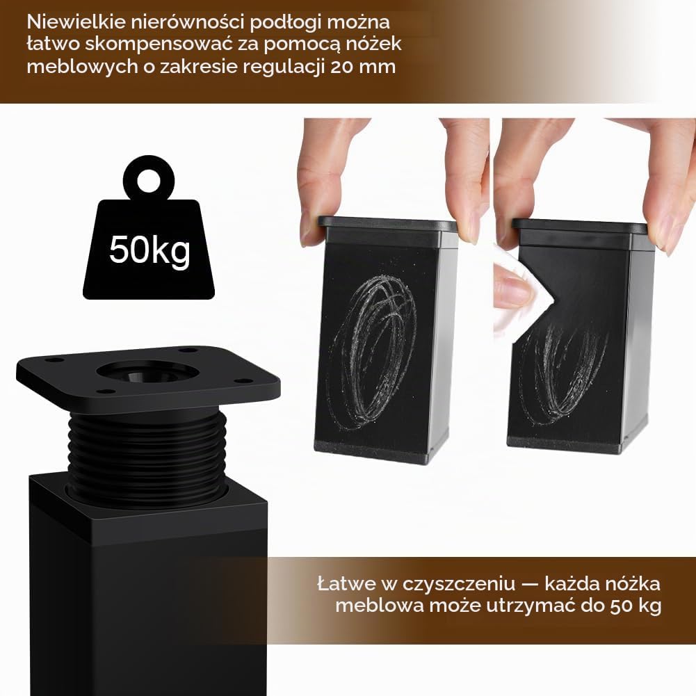 Detalle de AUAUY M1-3802215 – regulowane nóżki meblowe 100 mm z aluminium, zakres 0–20 mm