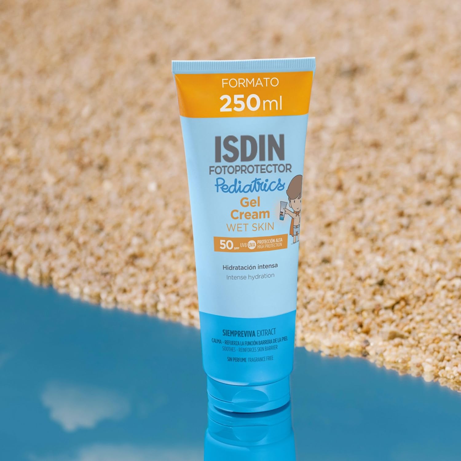 Detalle 2 de ISDIN Pediatrics Gel Cream Wet Skin SPF 50 (250 ml) – Protezione solare pediatrica per corpo, resistente all’acqua