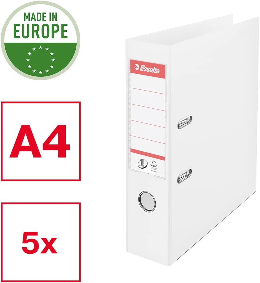 Detalle de Esselte N°1 Power – Lot de 5 classeurs à levier blancs, A4, 2 trous, 500 feuilles