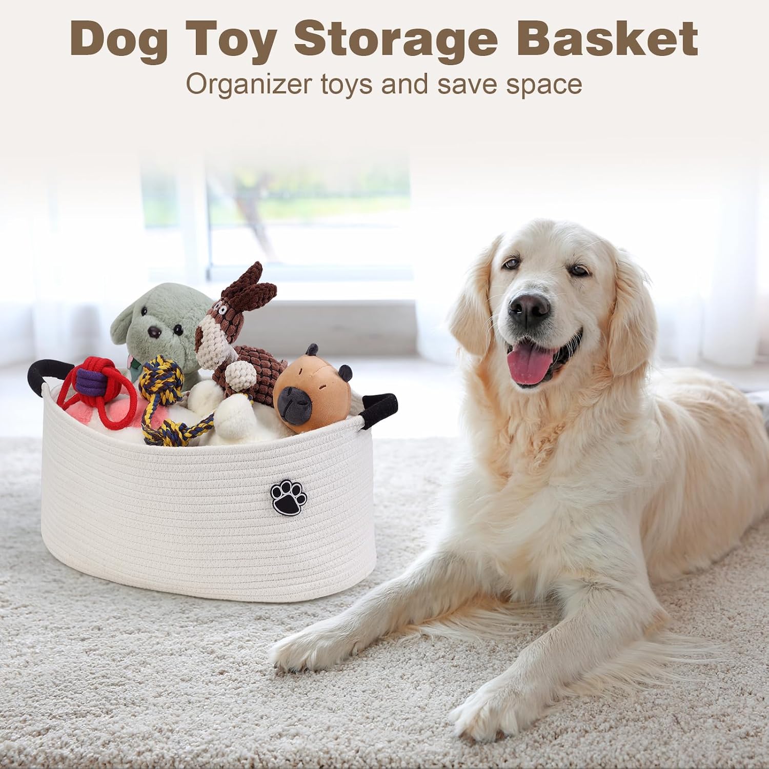 Detalle 2 de Optish 25L Medium Dog Toy Basket, White Woven Cotton Rope with Handles