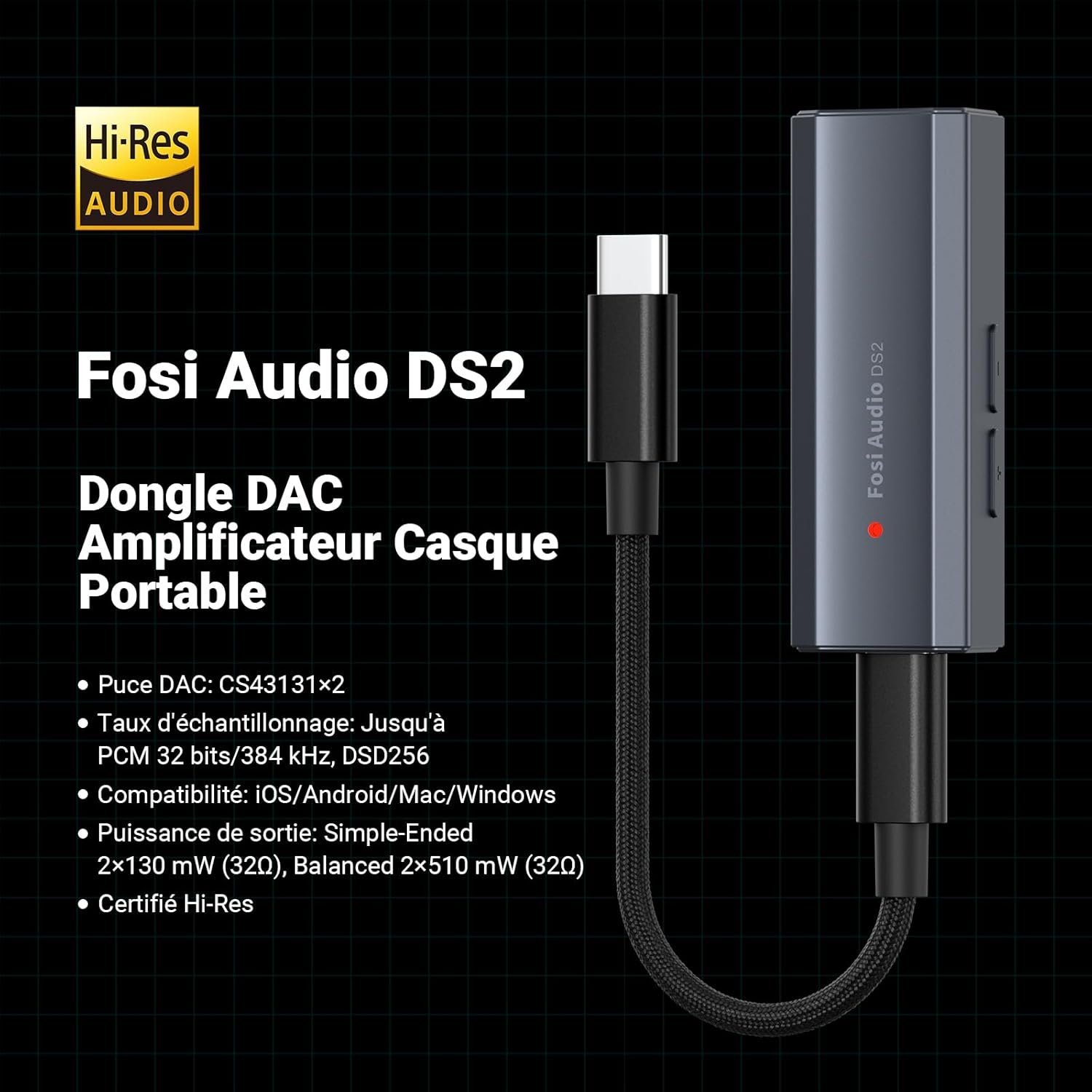 Detalle de Fosi Audio DS2 : DAC/Amplificateur USB-C vers casque avec sortie 3,5 mm et 4,4 mm — DS256, CS43131