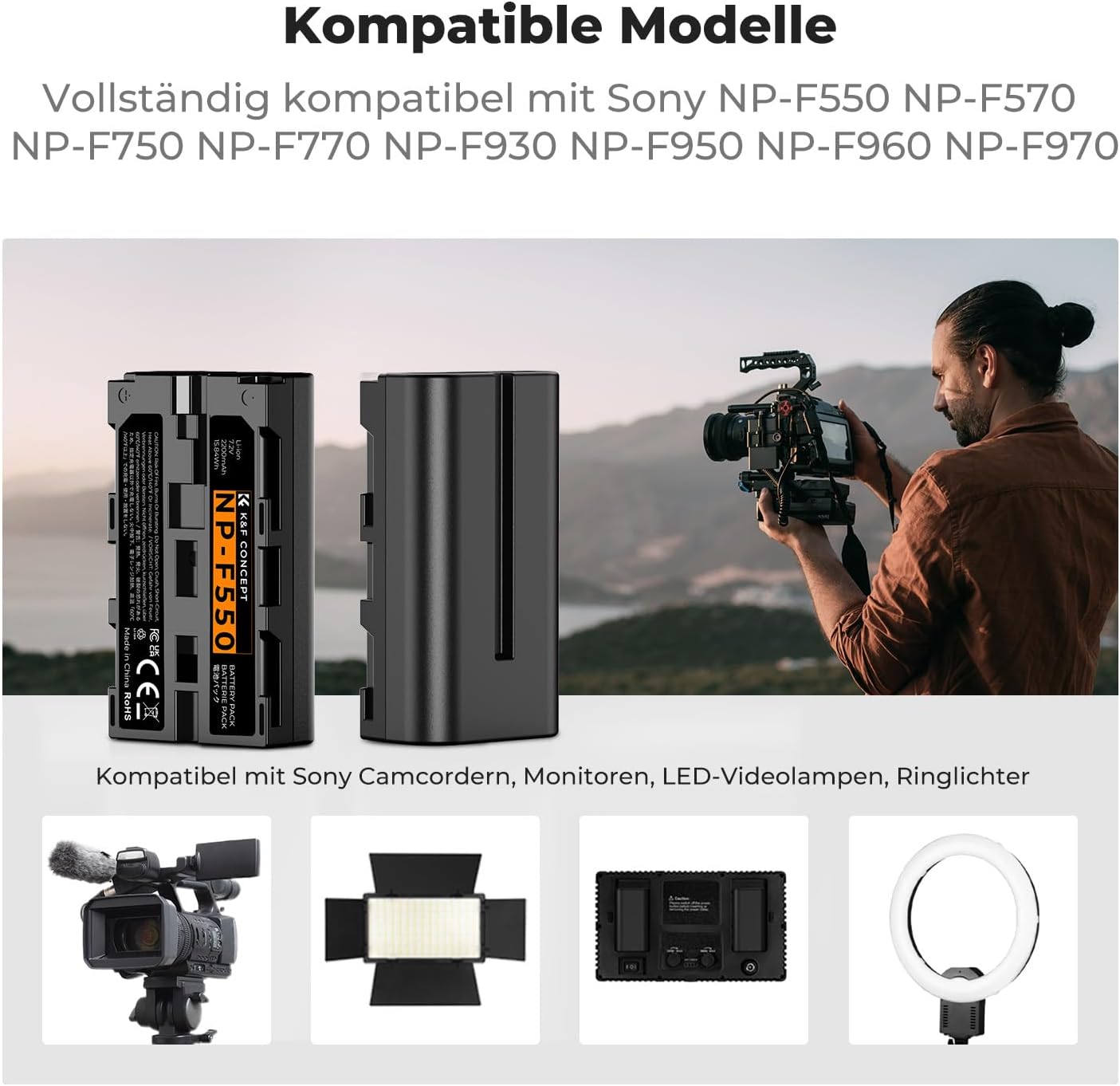 Detalle de K&F CONCEPT NP-F550 2er-Pack (2600mAh) + Dual-LED-Ladegerät-Kit für Sony NP-F550/F570