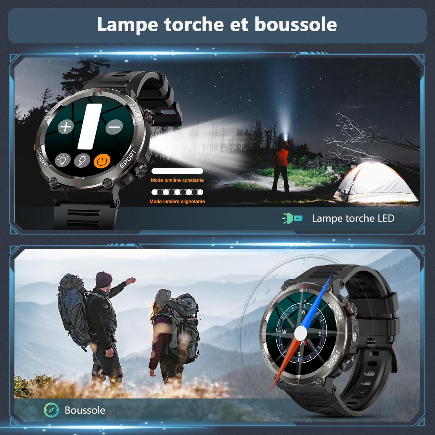 Thumbnail 3 de Baolubao Montre connectée homme militaire : smartwatch Bluetooth, torche LED, IP68 et suivi santé