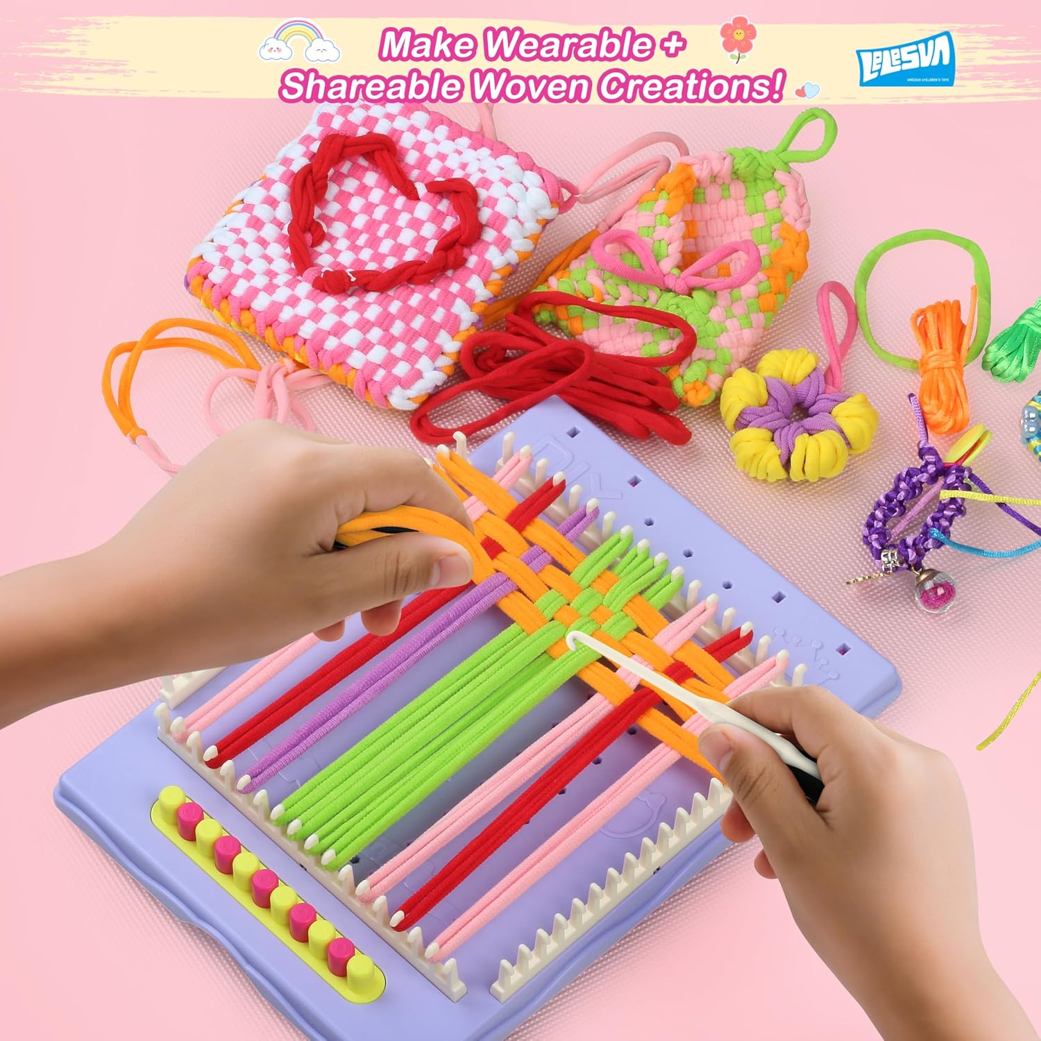 Detalle de Kit 3 in 1 da 400 pezzi con telaio per tessitura: braccialetti dell’amicizia e scatola portaoggetti