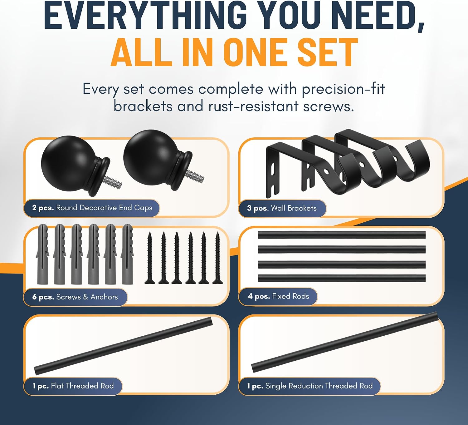 Detalle de Extendable Curtain Poles 87-243cm – Adjustable Black Metal Rod with Ball Finials
