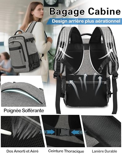 Detalle de KLOSTAIN Sac à Dos Voyage Cabine Avion 45x36x20 - 30L pour EasyJet, Noir Gris Mélangé, ordinateur 14 pouces