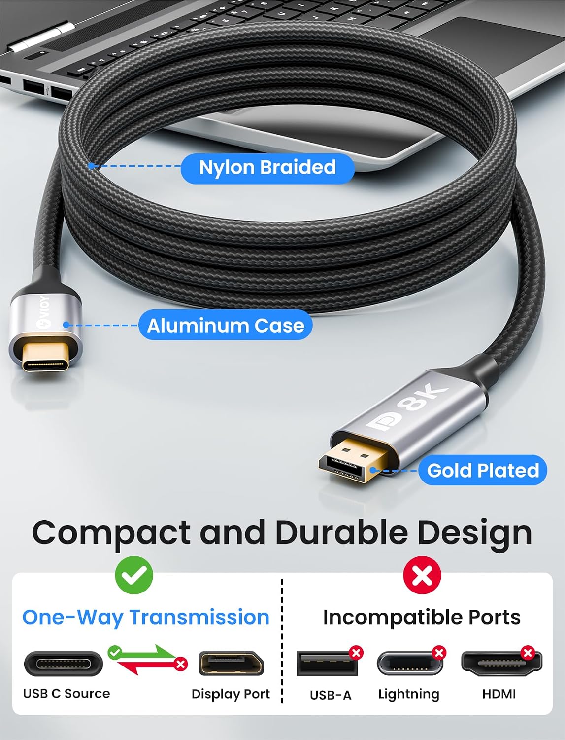 Thumbnail 6 de VIOY USB-C to DisplayPort Cable 3m (Unidirectional) – USB-C to DP 1.4 8K@60Hz / 4K@240Hz