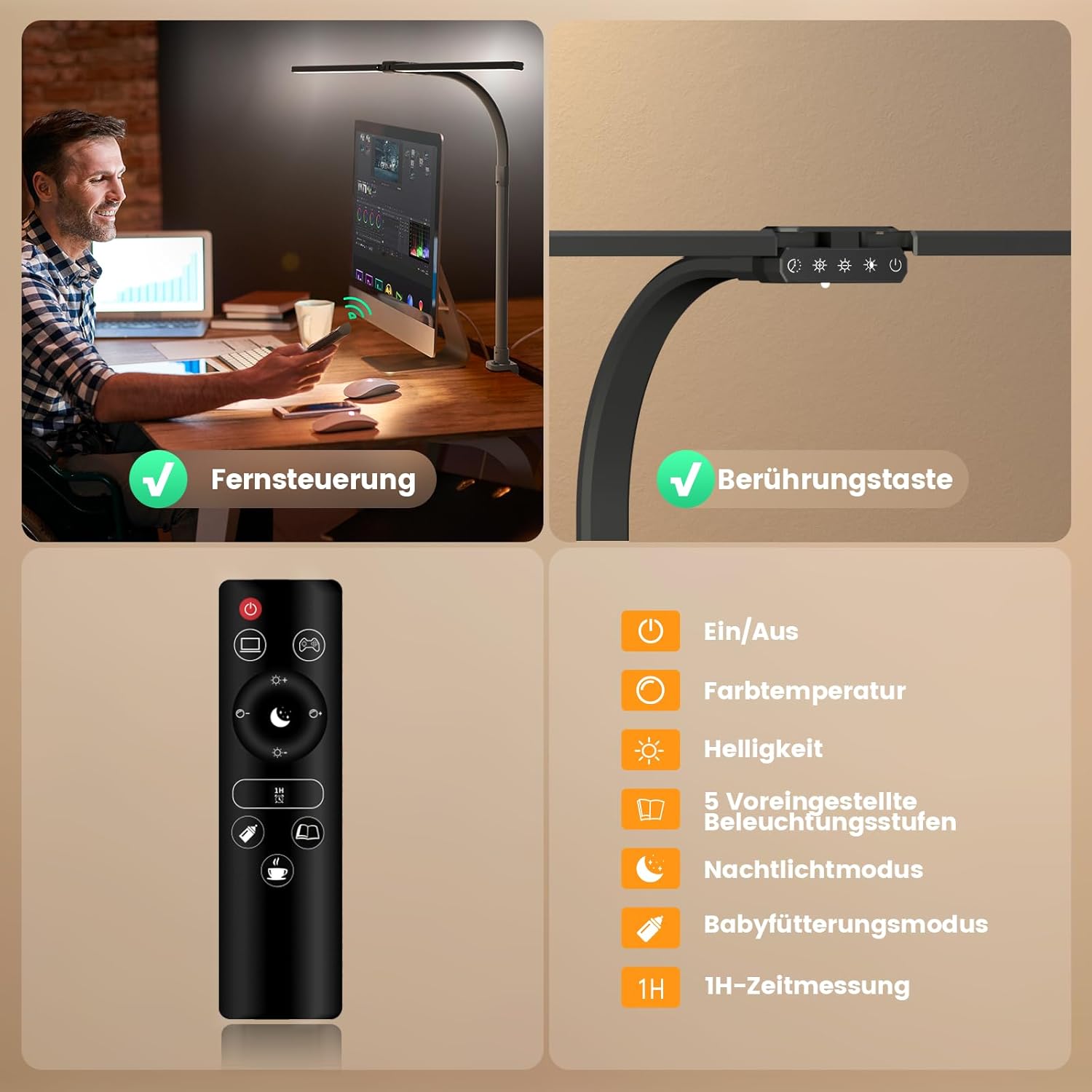 Thumbnail 3 de SIBRILLE Doppelkopf LED-Schreibtischlampe dimmbar (22W, 80 cm) mit Fernbedienung und 5 Farbtemperaturen